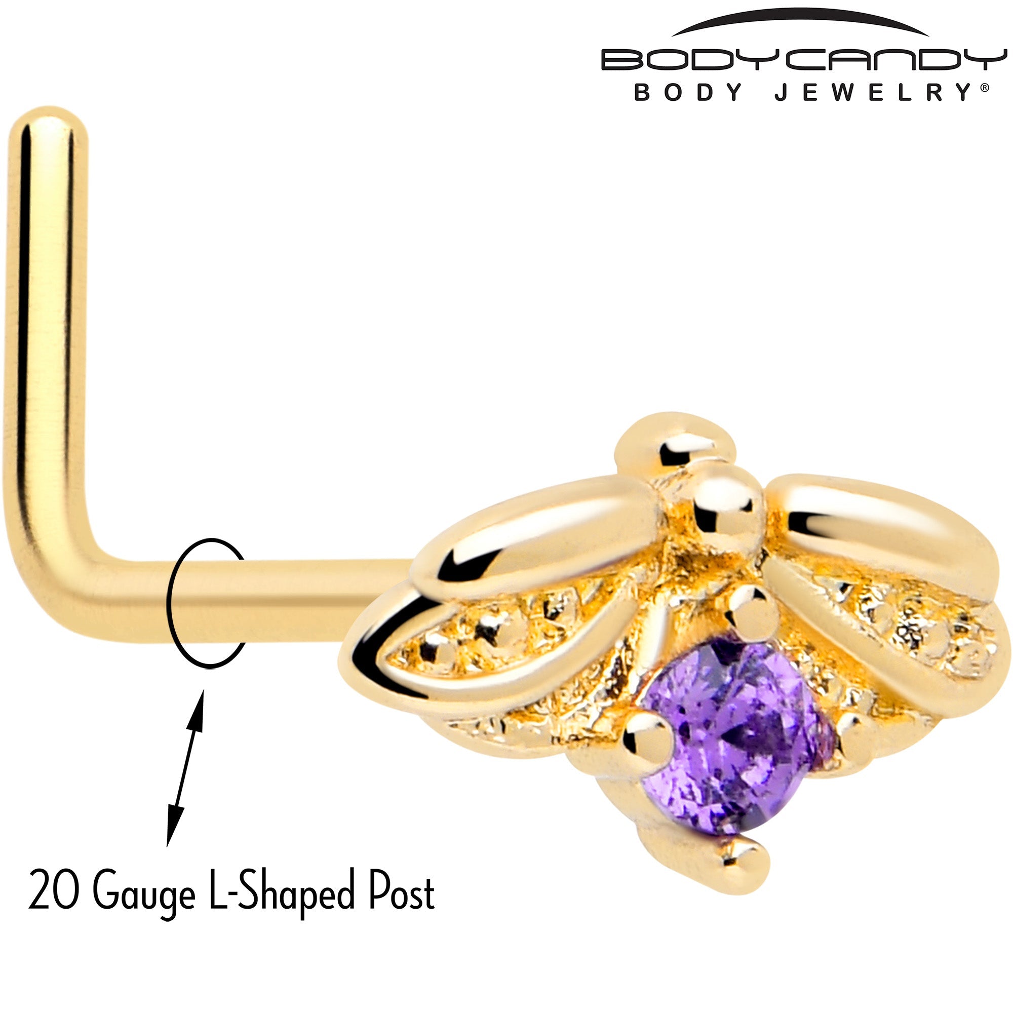 BodyCandy 20G 7mm Purple Gem Gold Tone Beauty Bug L Shape Nose Ring — detail close-up