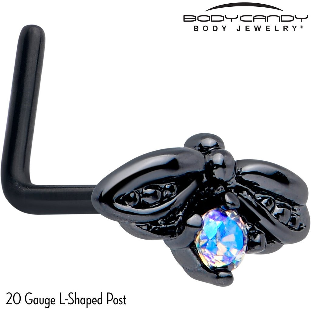 BodyCandy 20G 7mm Aurora Gem Black Beauty Bug L Shape Nose Ring — detail close-up