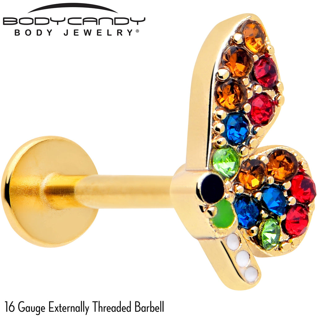 BodyCandy 16G 5/16 Red Blue Gem Gold Tone Butterfly Labret Monroe Tragus — detail close-up