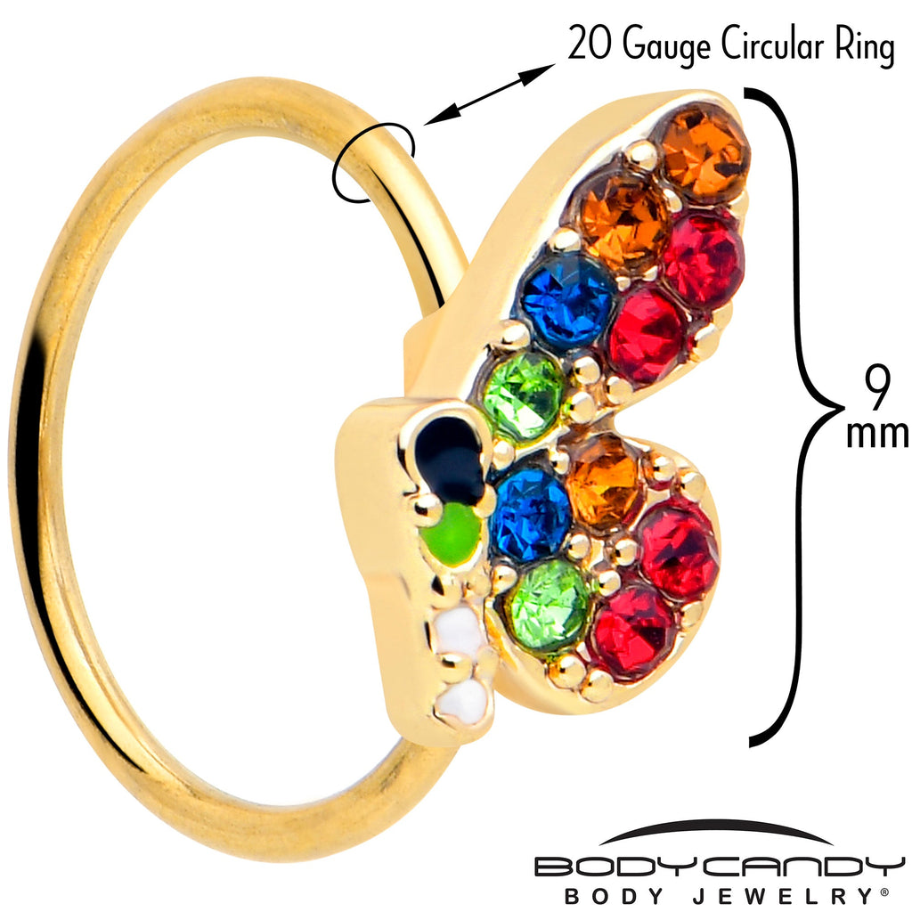 BodyCandy 20G 5/16 Red Blue Gem Gold Tone Butterfly Nose Hoop — detail close-up
