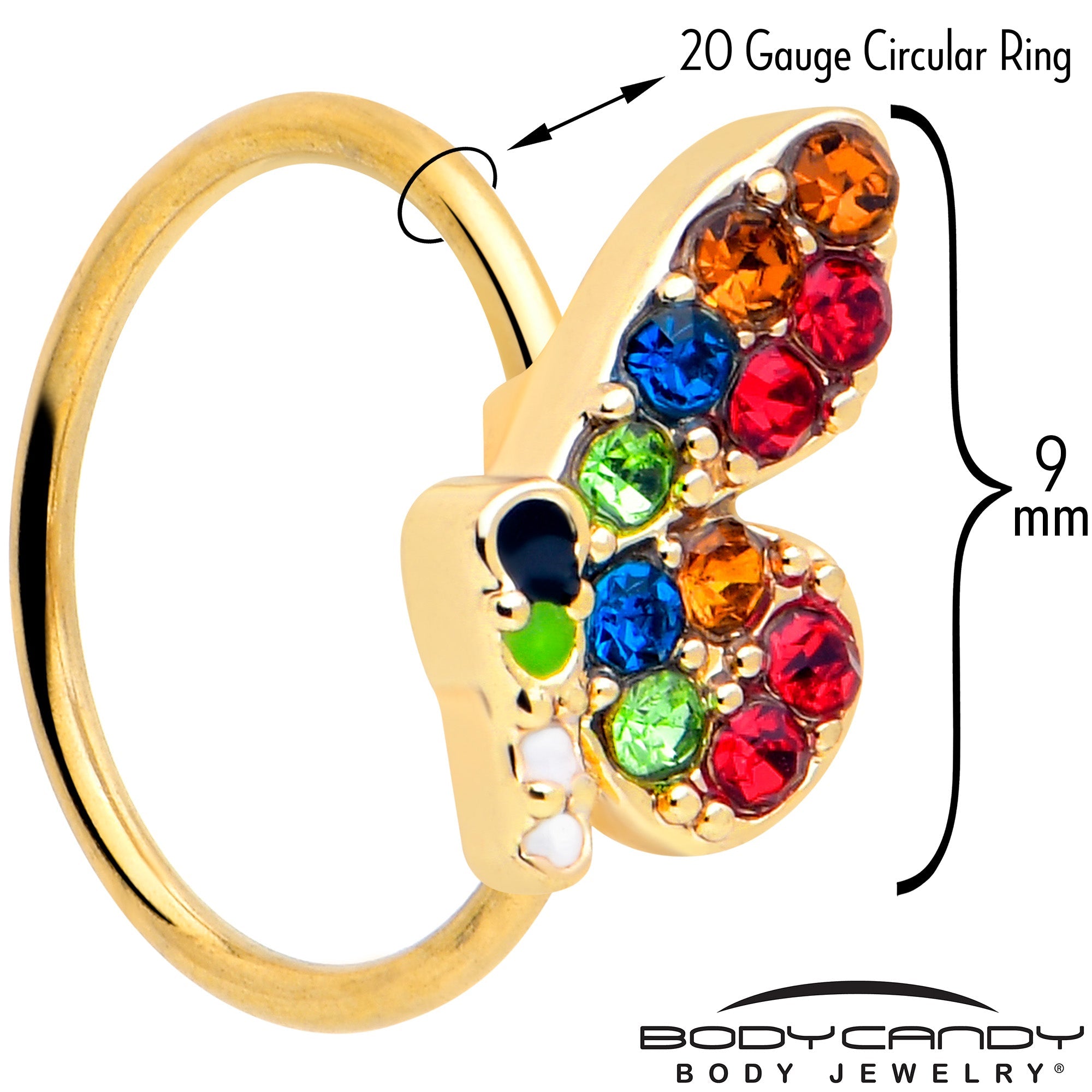 BodyCandy 20G 5/16 Red Blue Gem Gold Tone Butterfly Nose Hoop — detail close-up