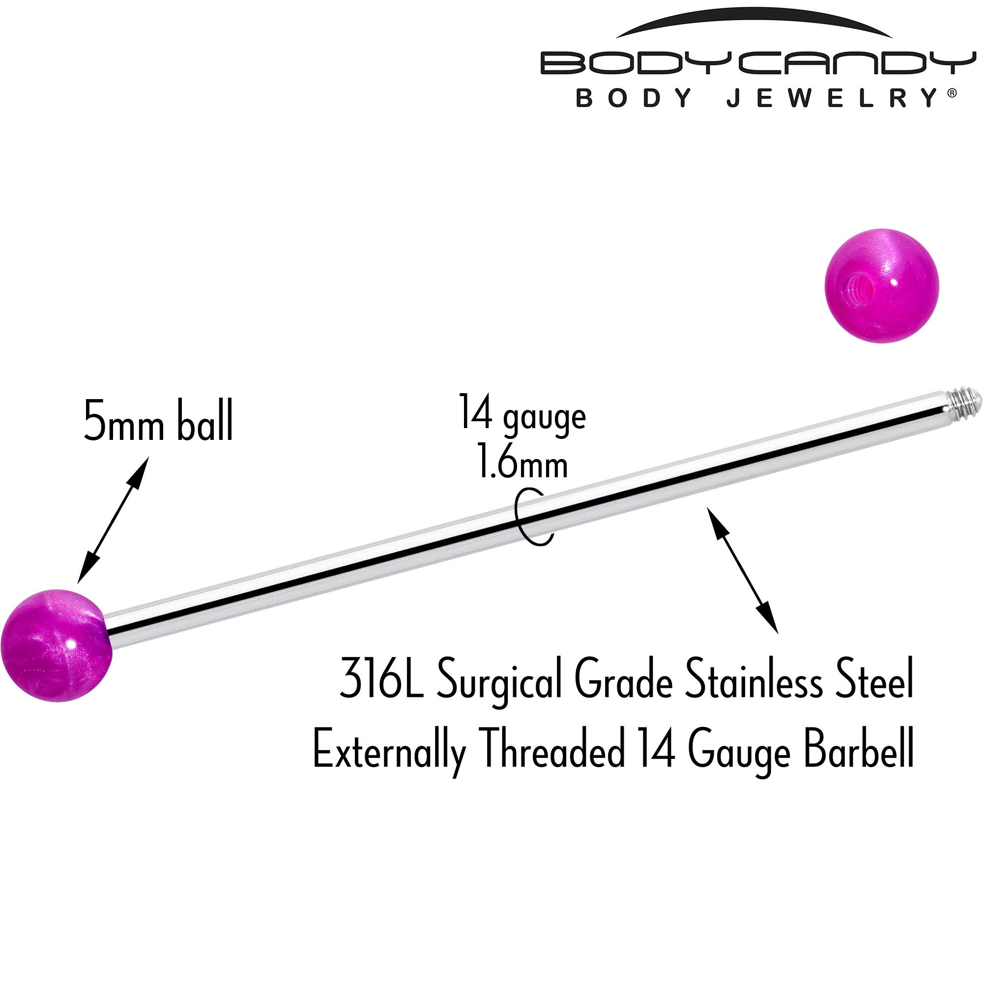 BodyCandy 14G Color Acrylic Ball Industrial Barbell 38mm — detail close-up