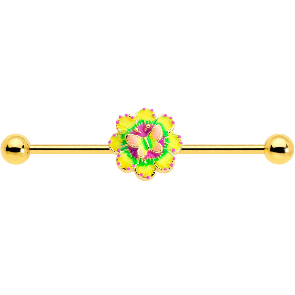 BodyCandy 14G Gold Tone Tie Dye Butterfly Style Industrial Barbell 38mm — detail close-up
