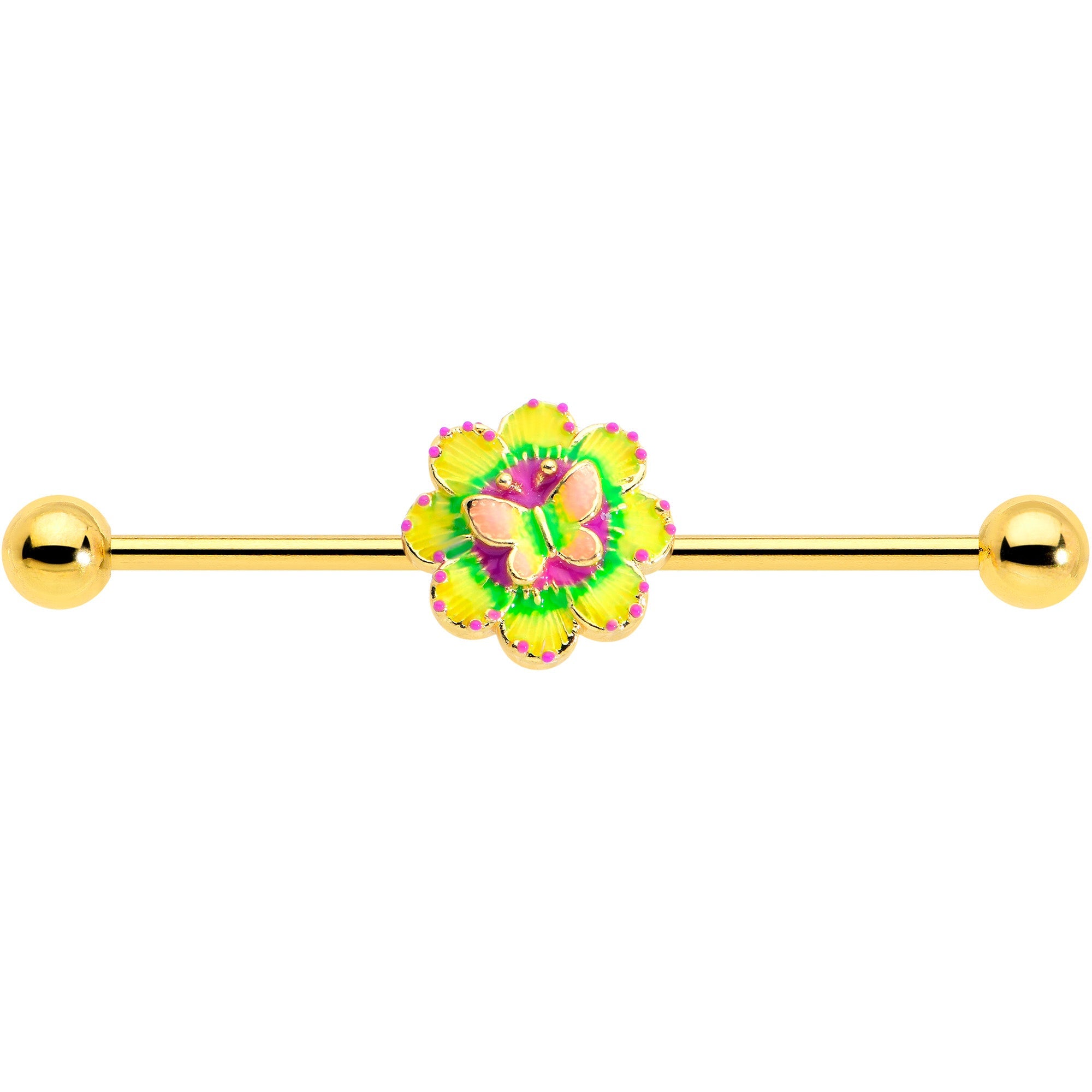 BodyCandy 14G Gold Tone Tie Dye Butterfly Style Industrial Barbell 38mm — detail close-up