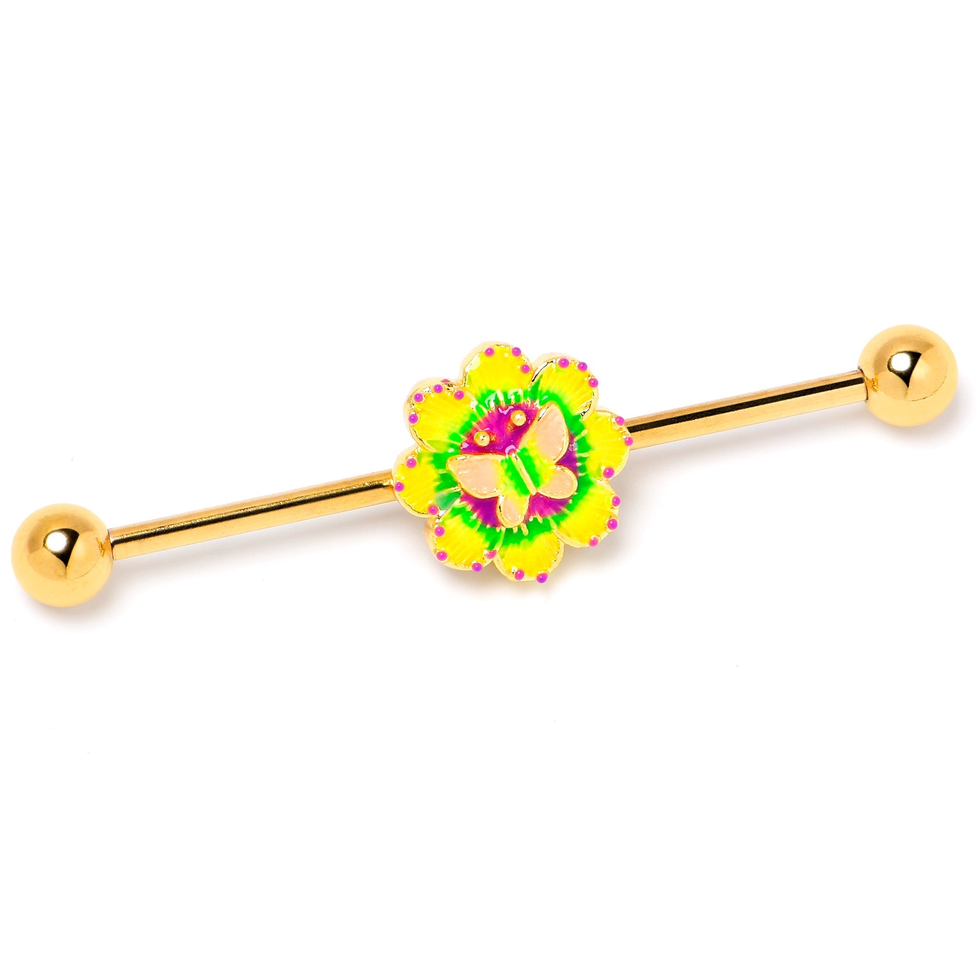 BodyCandy 14G Gold Tone Tie Dye Butterfly Style Industrial Barbell 38mm — side view