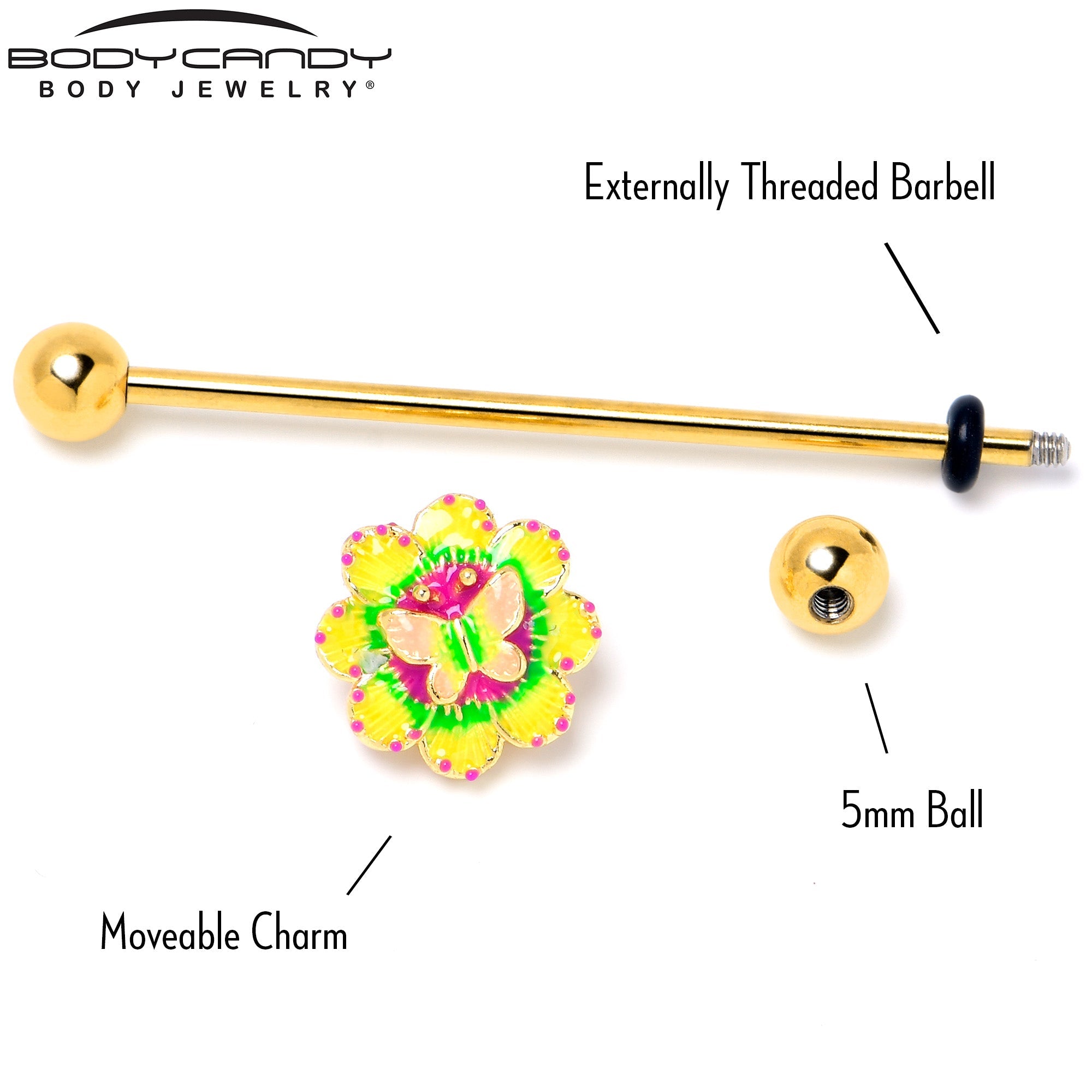 BodyCandy 14G Gold Tone Tie Dye Butterfly Style Industrial Barbell 38mm — alternative angle
