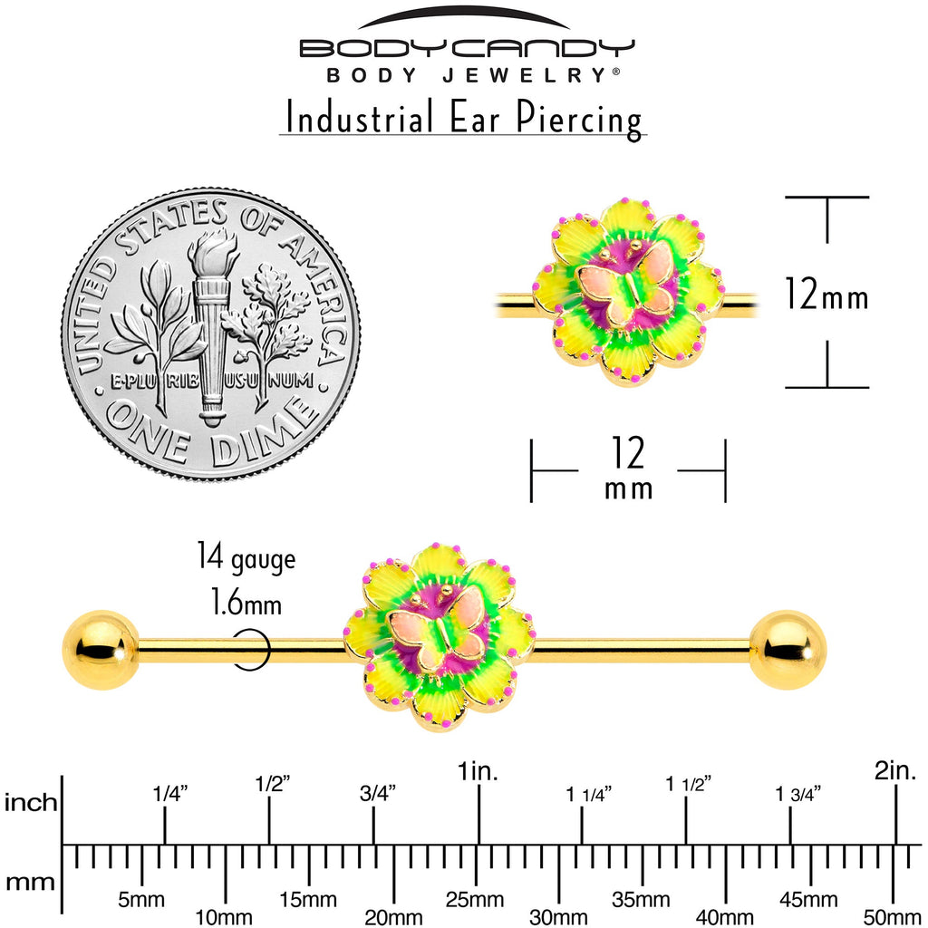 BodyCandy 14G Gold Tone Tie Dye Butterfly Style Industrial Barbell 38mm — in-use photo