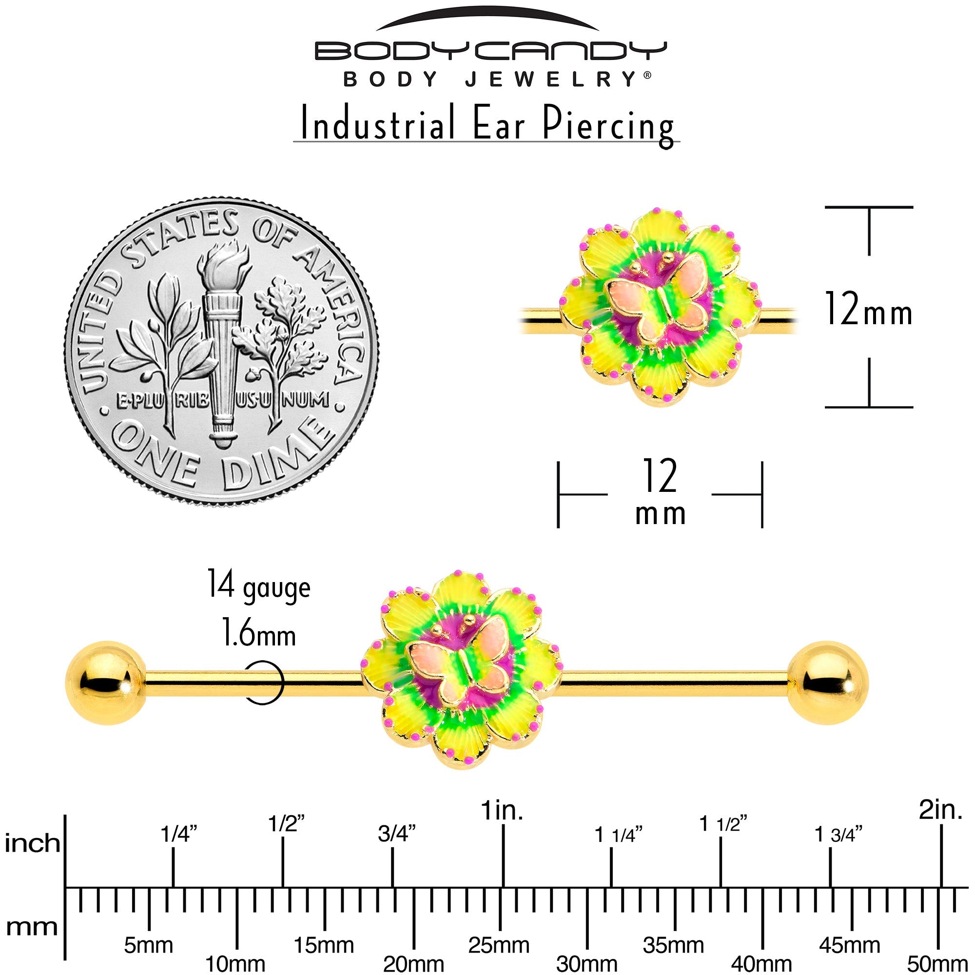 BodyCandy 14G Gold Tone Tie Dye Butterfly Style Industrial Barbell 38mm — in-use photo