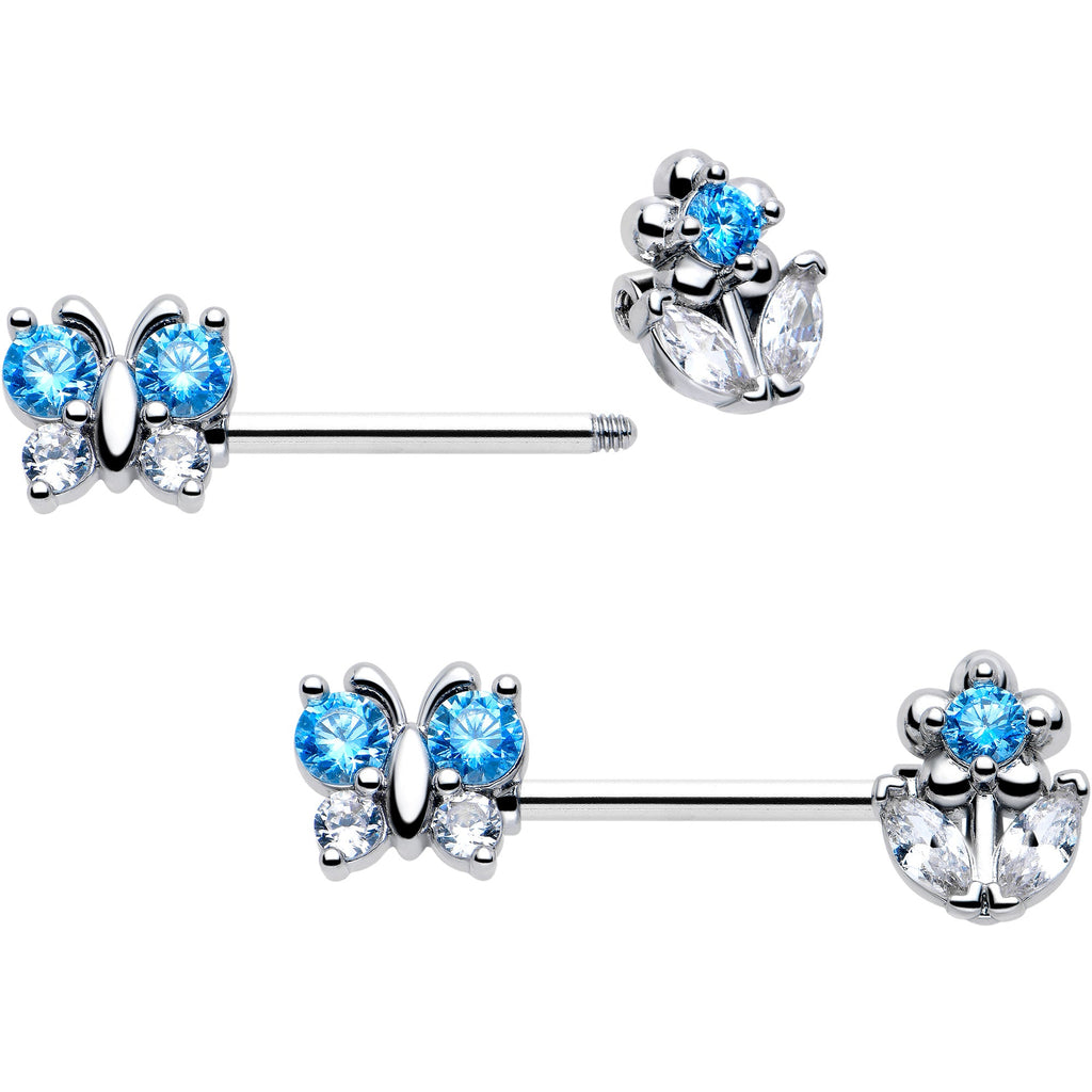 BodyCandy 14G 9/16 Blue CZ Gem Butterfly Fantasy Barbell Nipple Ring Set — detail close-up