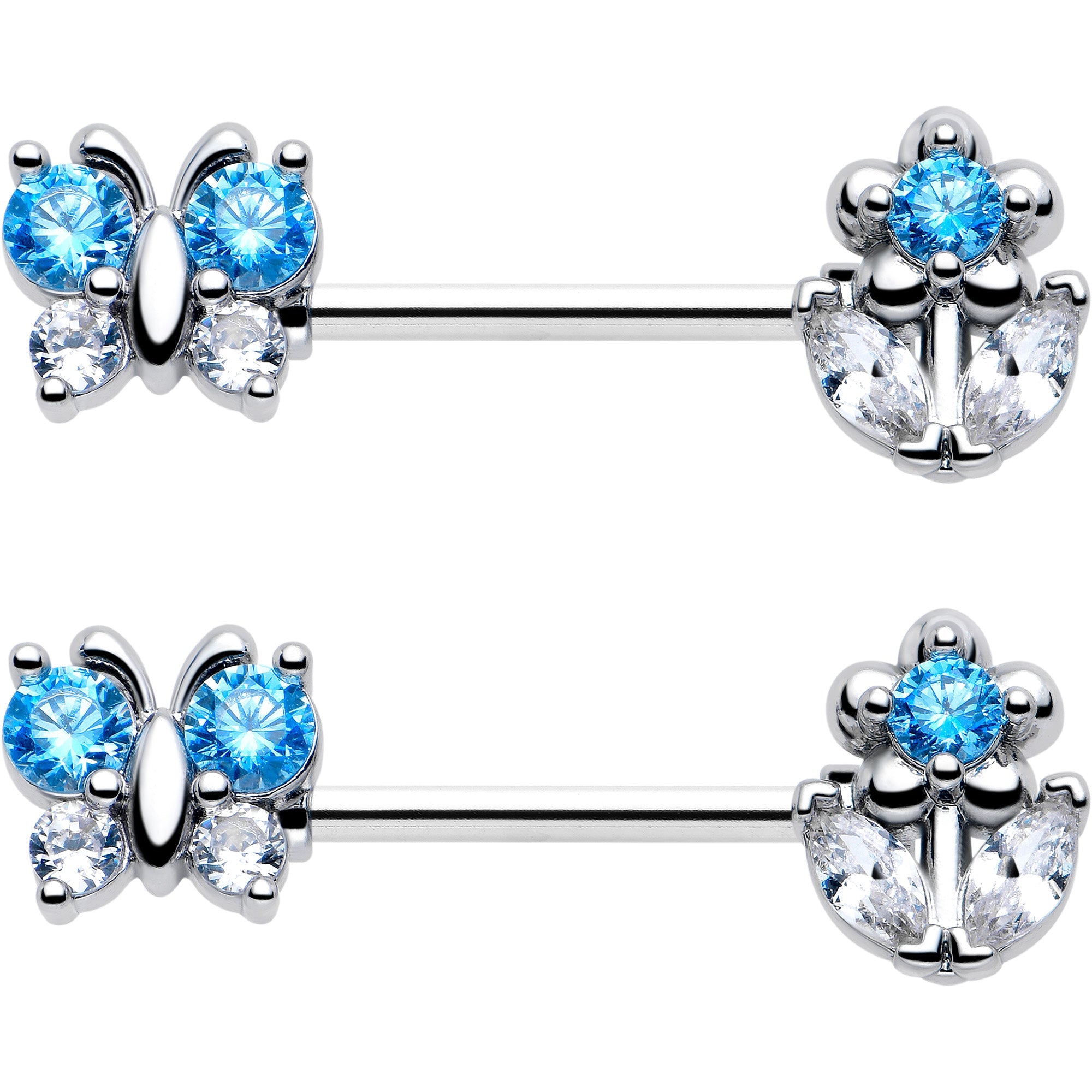 BodyCandy 14G 9/16 Blue CZ Gem Butterfly Fantasy Barbell Nipple Ring Set — side view