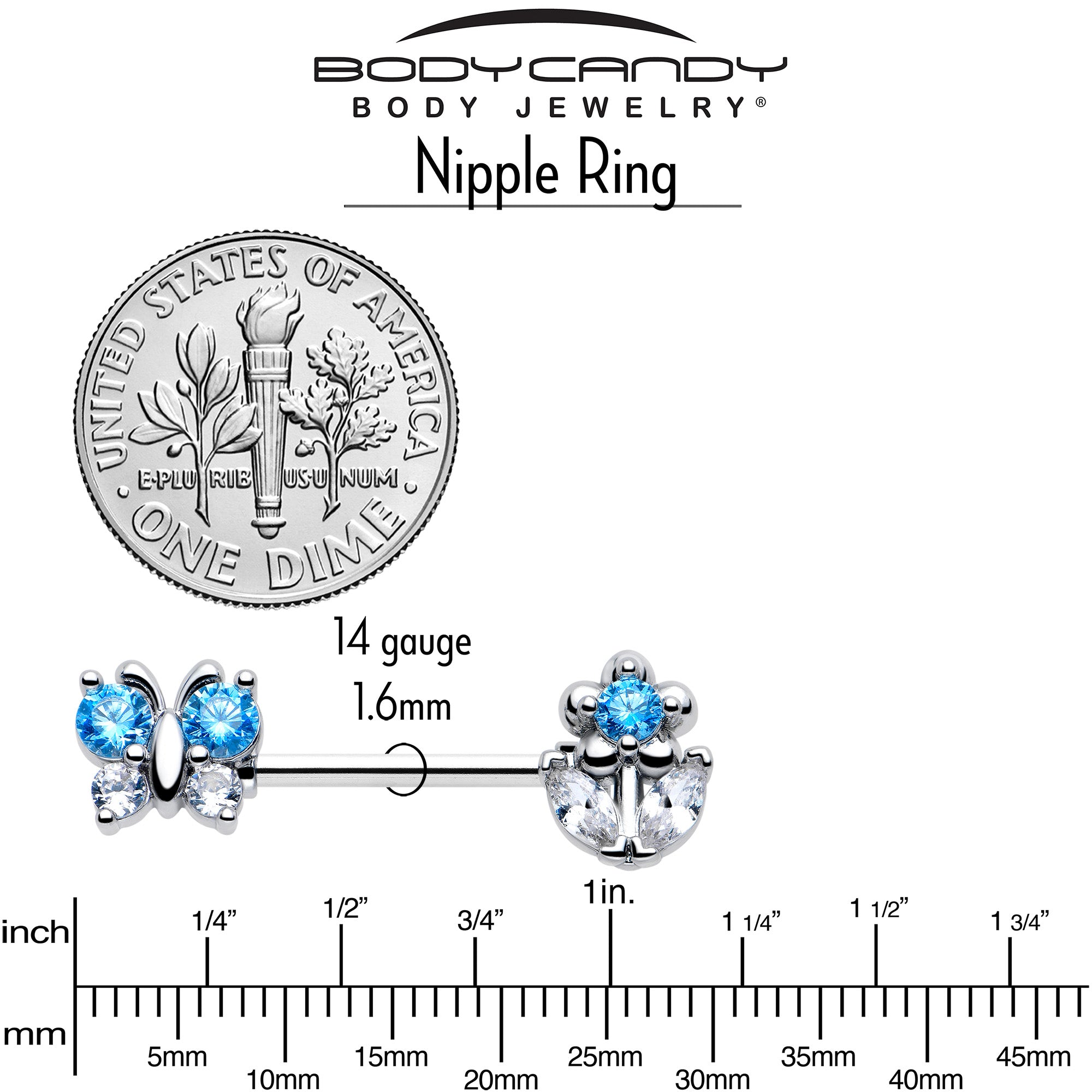 BodyCandy 14G 9/16 Blue CZ Gem Butterfly Fantasy Barbell Nipple Ring Set — back view