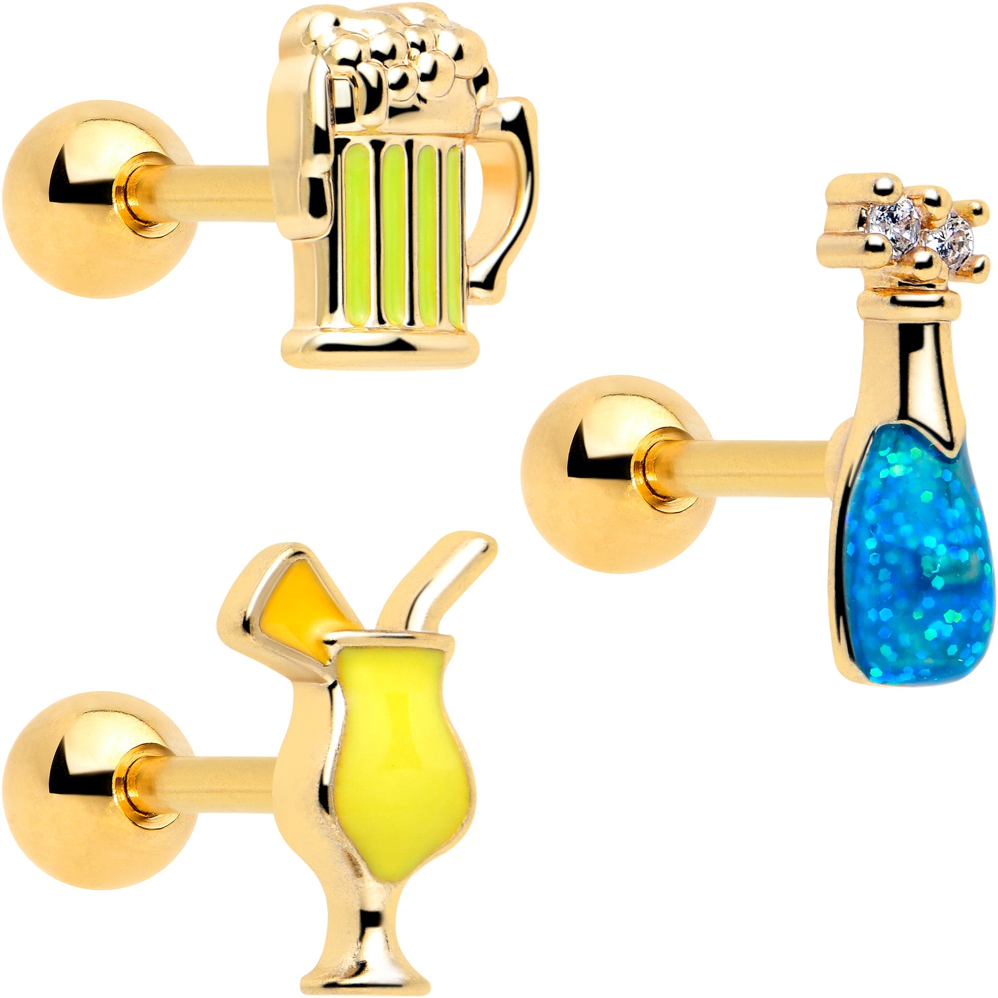 BodyCandy 16G 1/4 Clear Gem Gold Tone Happy Hour Cartilage Earrings Set of 3 — main product shot
