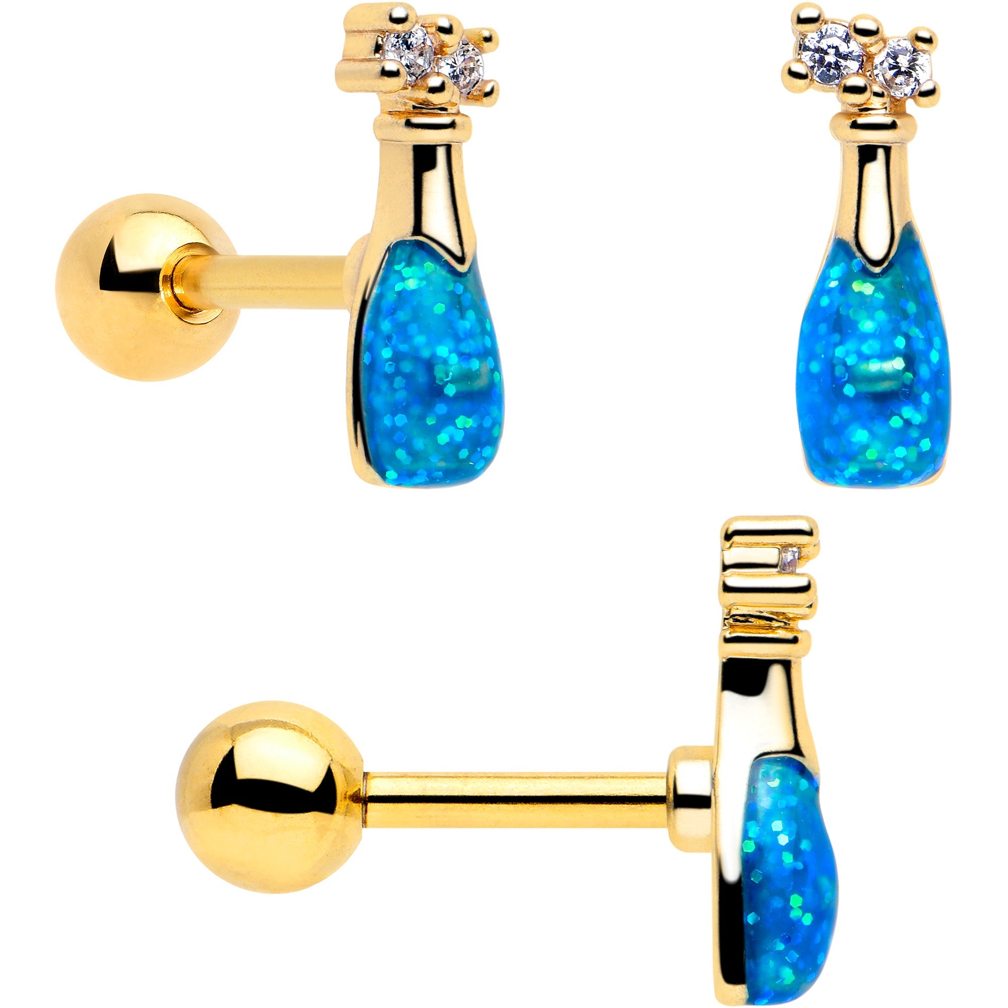 BodyCandy 16G 1/4 Clear Gem Gold Tone Happy Hour Cartilage Earrings Set of 3 — side view