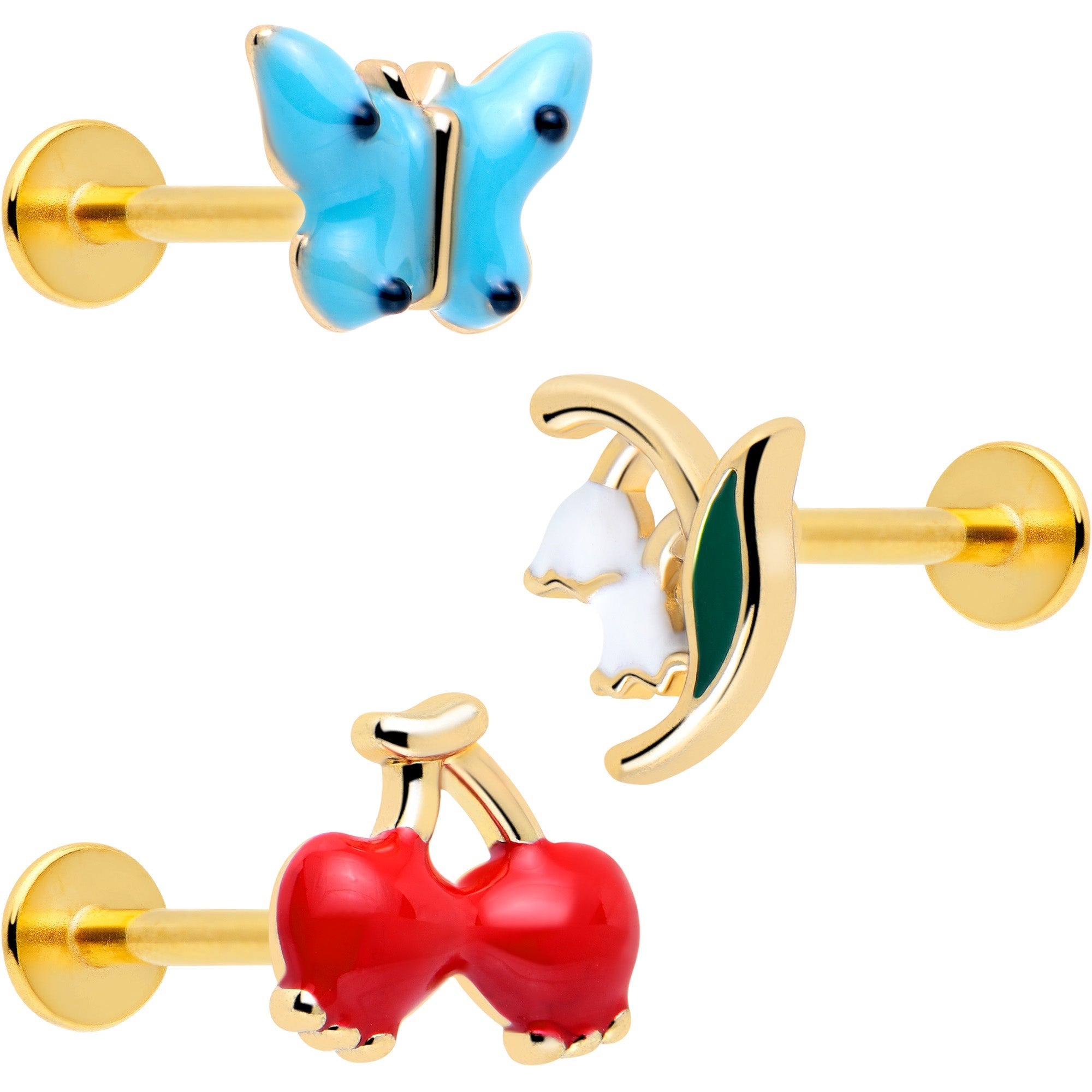 BodyCandy 16G 5/16 Gold Tone Cherry Flower Labret Monroe Tragus Set of 3 — main product shot