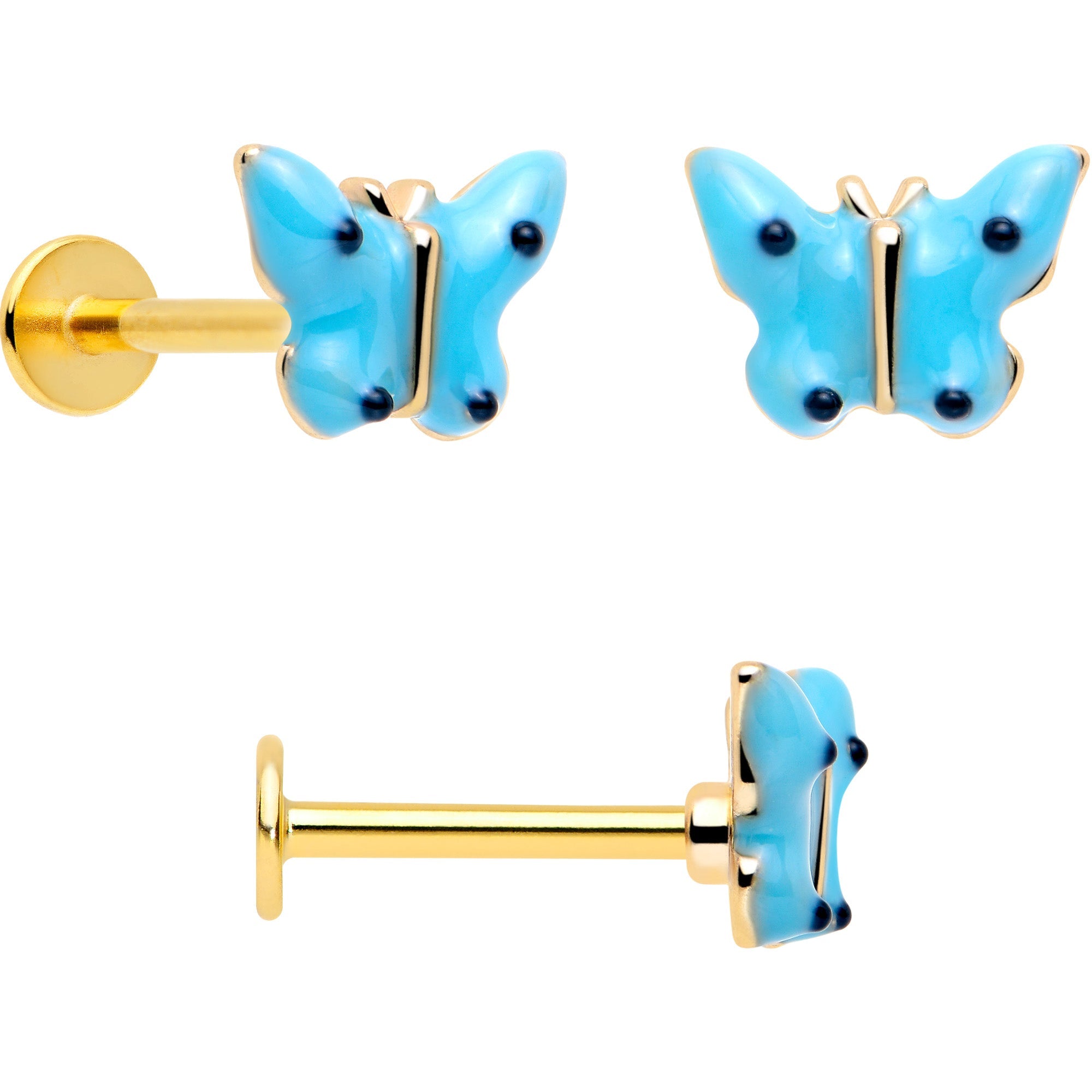 BodyCandy 16G 5/16 Gold Tone Cherry Flower Labret Monroe Tragus Set of 3 — detail close-up