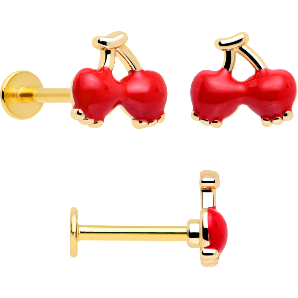 BodyCandy 16G 5/16 Gold Tone Cherry Flower Labret Monroe Tragus Set of 3 — side view