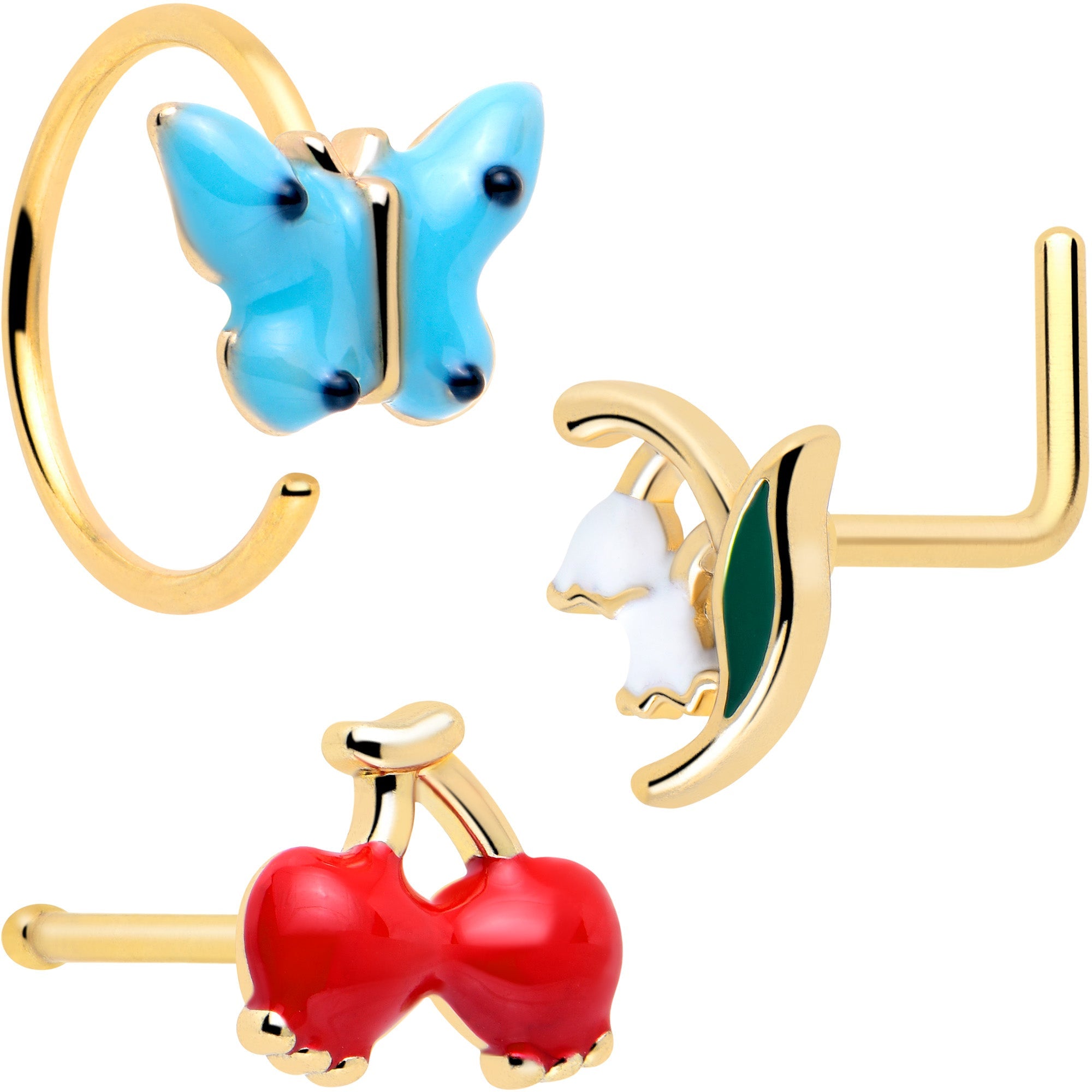 BodyCandy 20G Gold Tone Cherry Flower L Shape Nose Hoop Nose Bone Set of 3 — main product shot