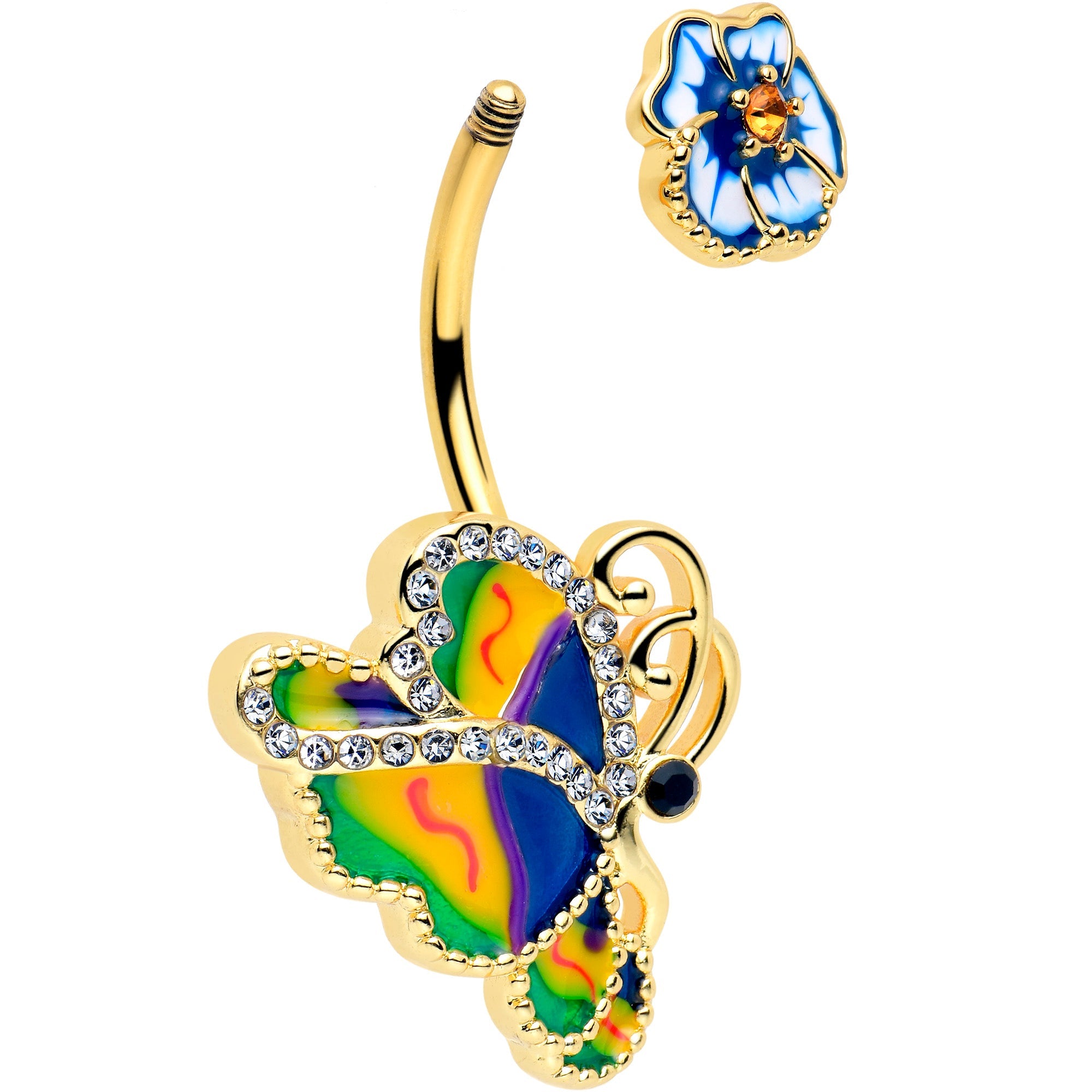 BodyCandy Clear Yellow Gem Gold Tone Butterfly Colors Double Mount Belly Ring — detail close-up