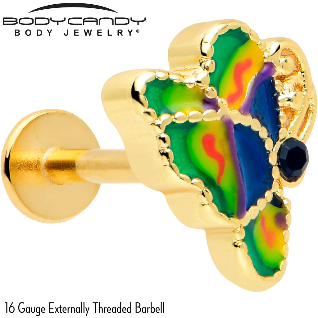 BodyCandy 16G 5/16 Gold Tone Butterfly Colors Labret Monroe Tragus — detail close-up