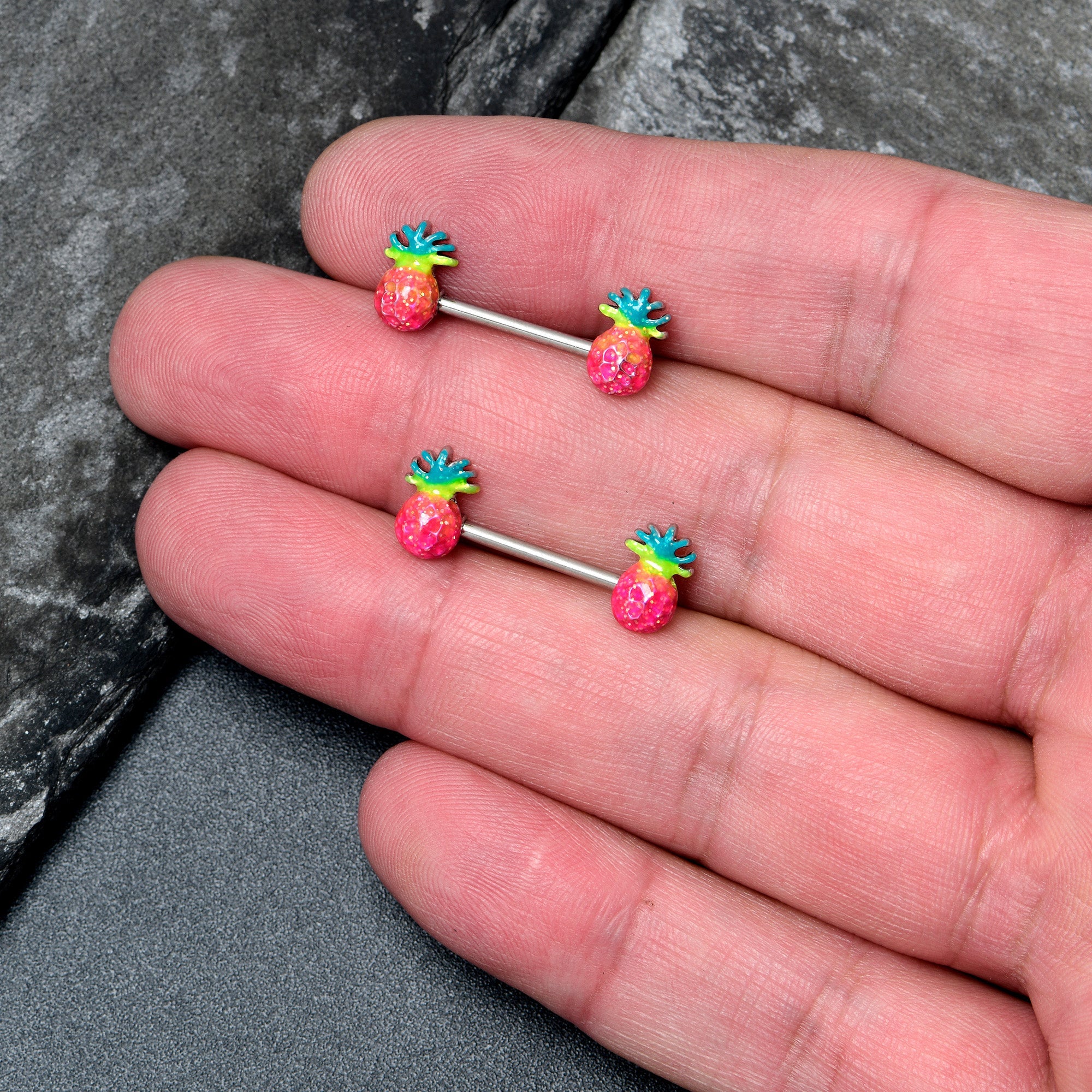 BodyCandy 14G 9/16 Hot Tropical Pineapple Barbell Nipple Ring Set — lifestyle context