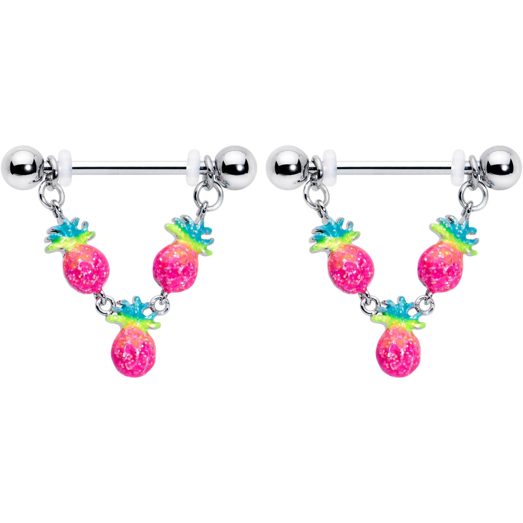 BodyCandy 14G 9/16 Hot Tropical Pineapple Dangle Barbell Nipple Ring Set — detail close-up