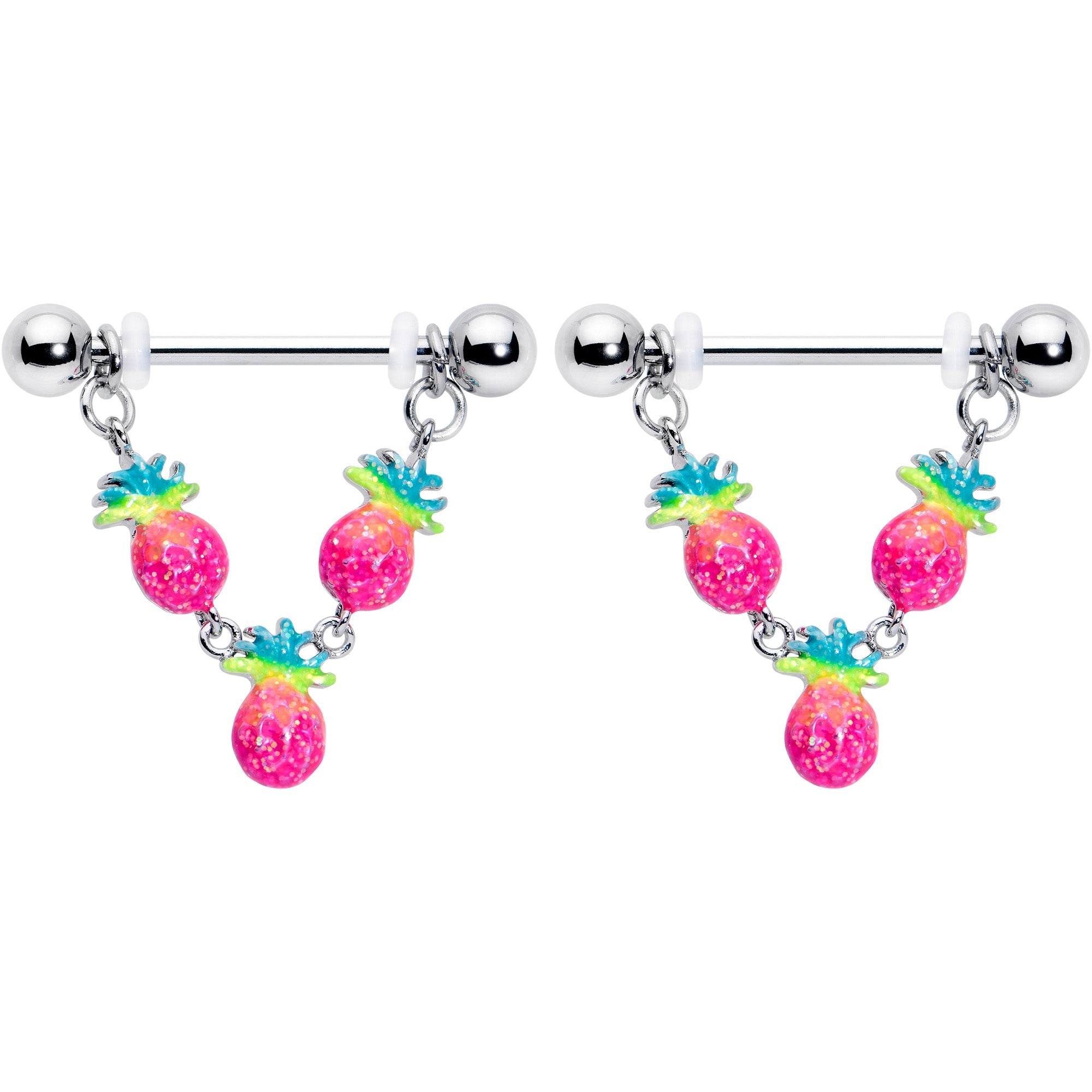 BodyCandy 14G 9/16 Hot Tropical Pineapple Dangle Barbell Nipple Ring Set — detail close-up