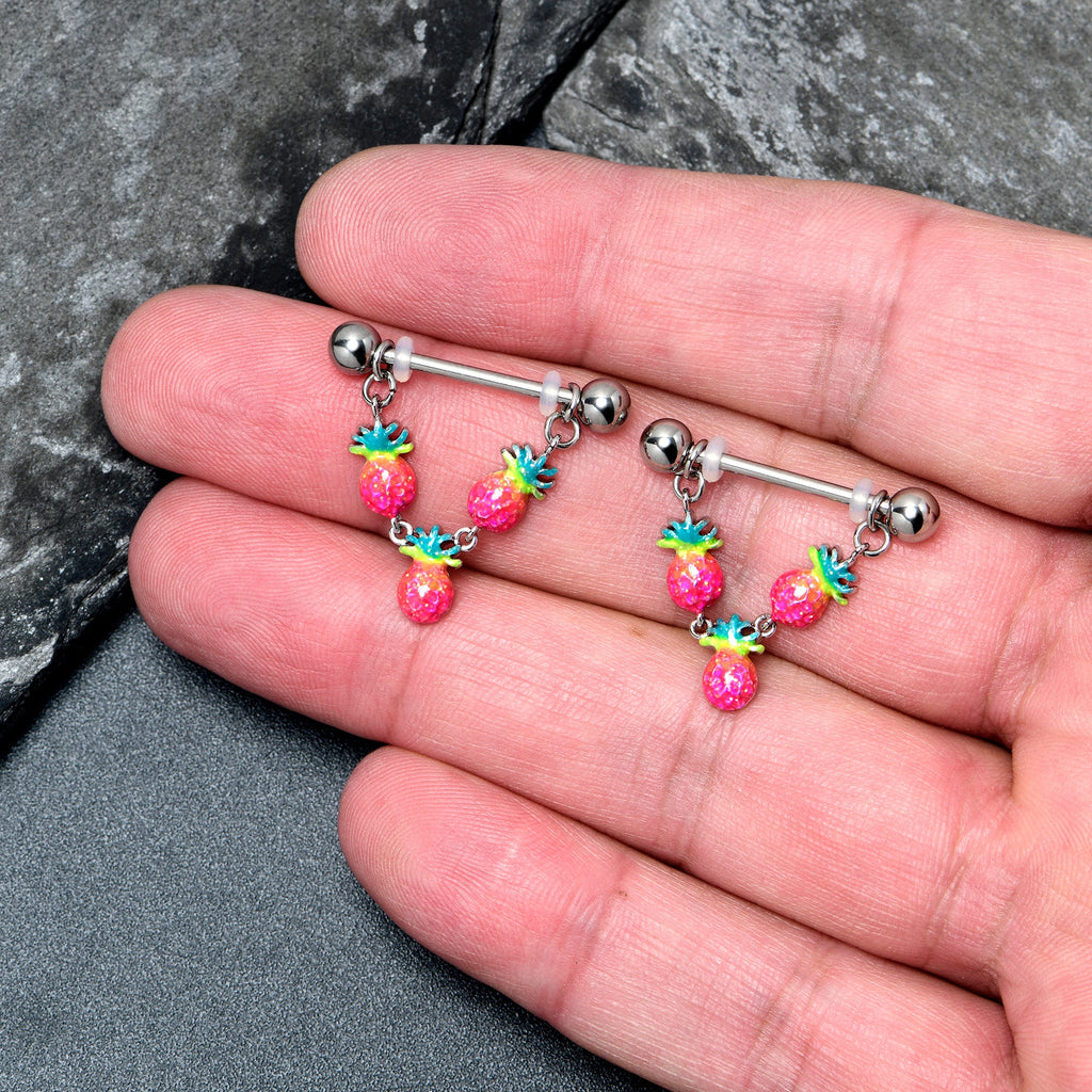 BodyCandy 14G 9/16 Hot Tropical Pineapple Dangle Barbell Nipple Ring Set — lifestyle context