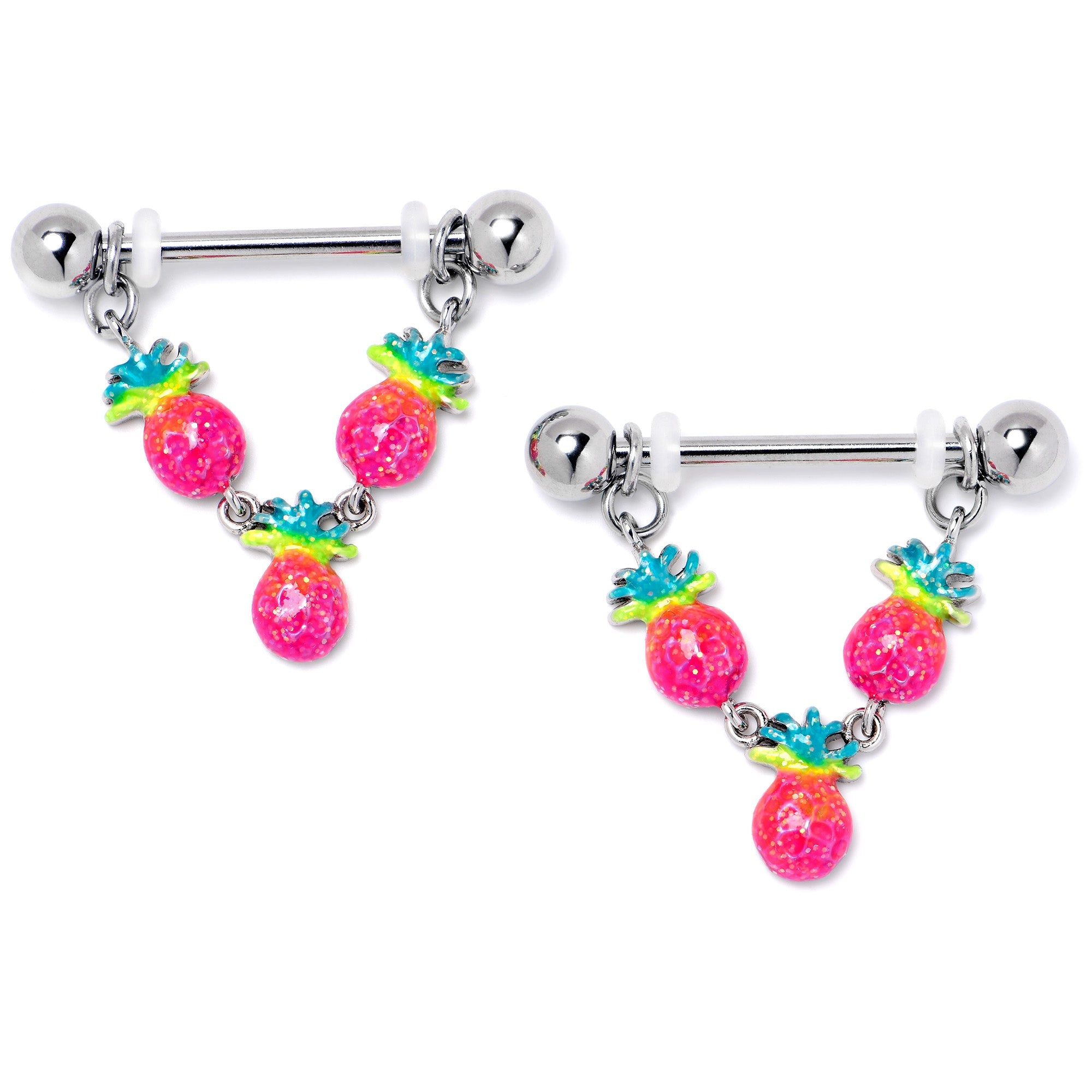 BodyCandy 14G 9/16 Hot Tropical Pineapple Dangle Barbell Nipple Ring Set — side view