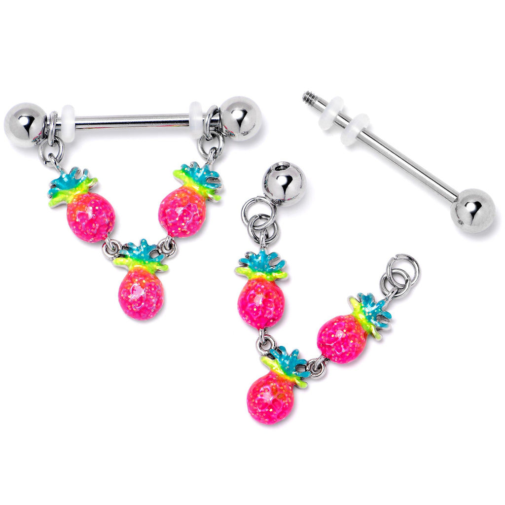 BodyCandy 14G 9/16 Hot Tropical Pineapple Dangle Barbell Nipple Ring Set — back view