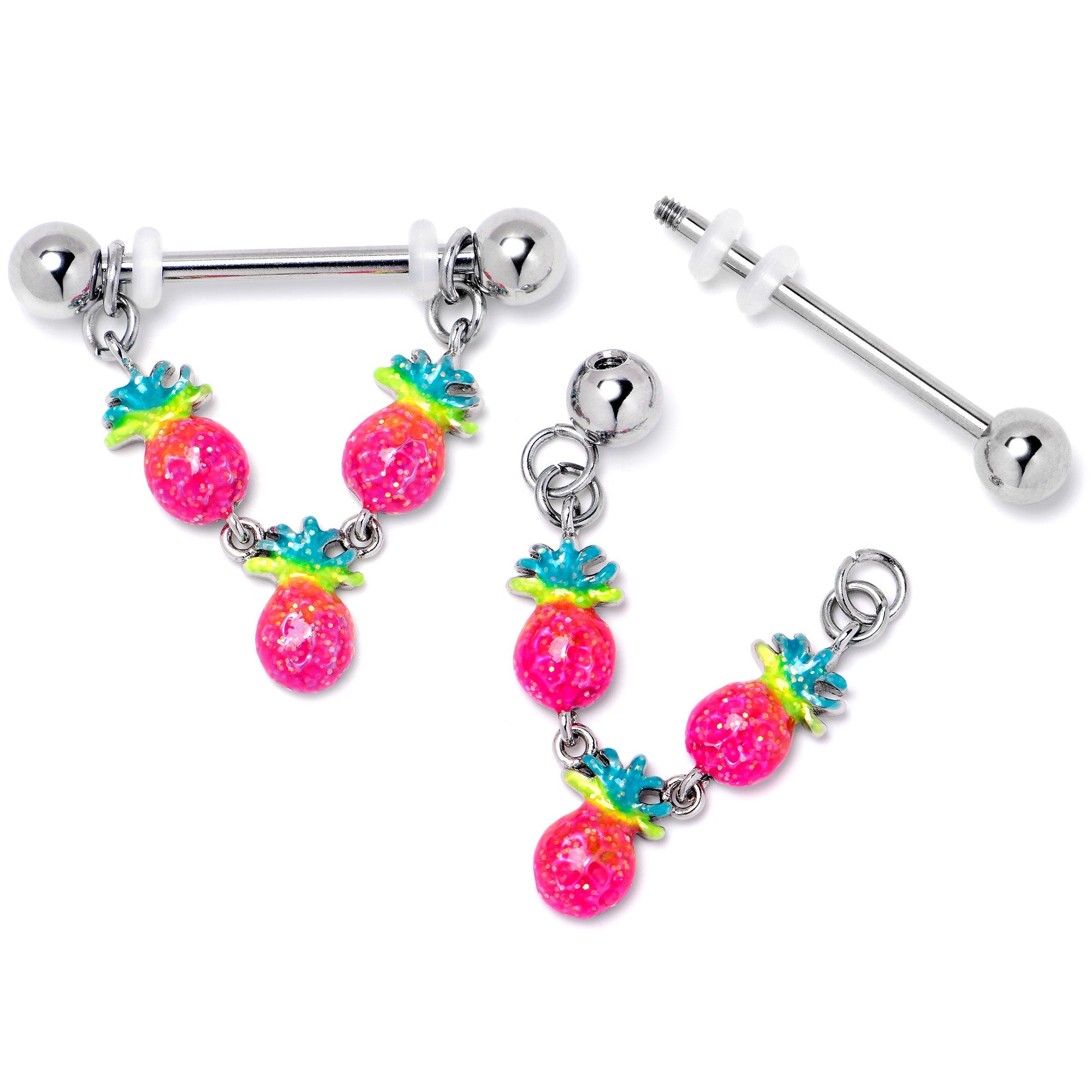 BodyCandy 14G 9/16 Hot Tropical Pineapple Dangle Barbell Nipple Ring Set — back view