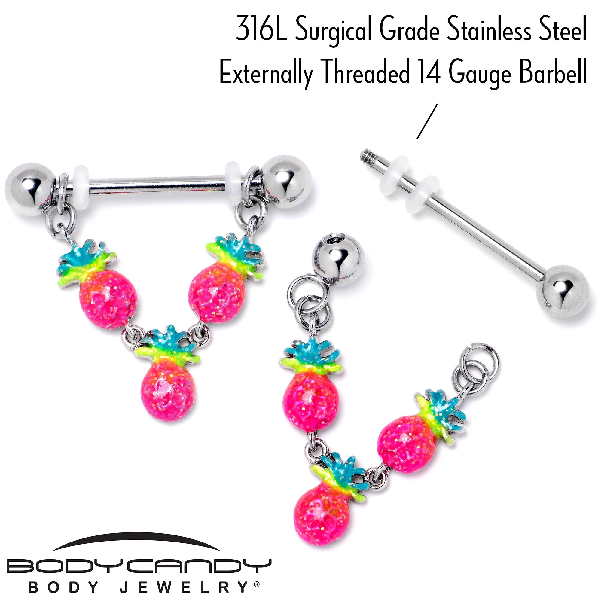 BodyCandy 14G 9/16 Hot Tropical Pineapple Dangle Barbell Nipple Ring Set — alternative angle