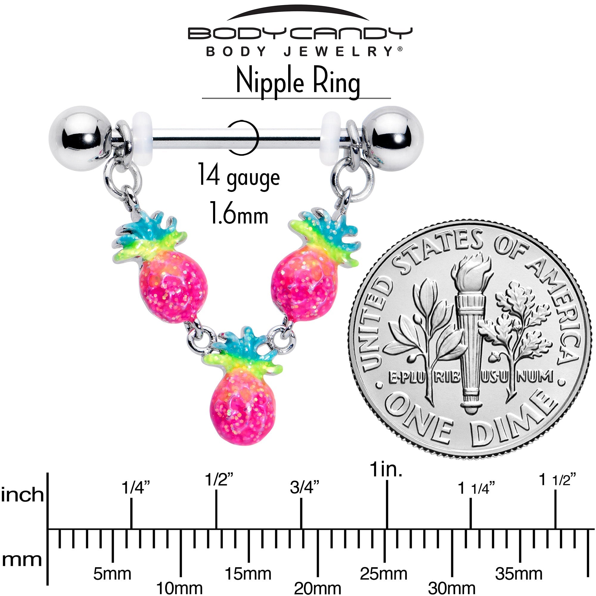 BodyCandy 14G 9/16 Hot Tropical Pineapple Dangle Barbell Nipple Ring Set — in-use photo