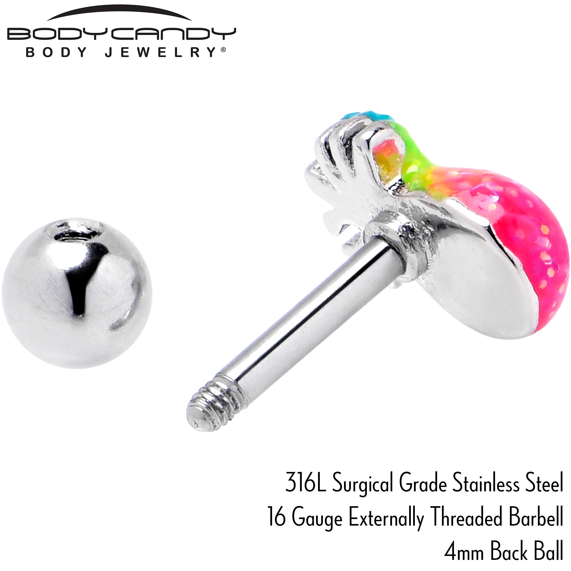 BodyCandy 16G 1/4 Hot Tropical Pineapple Cartilage Tragus Earring — back view