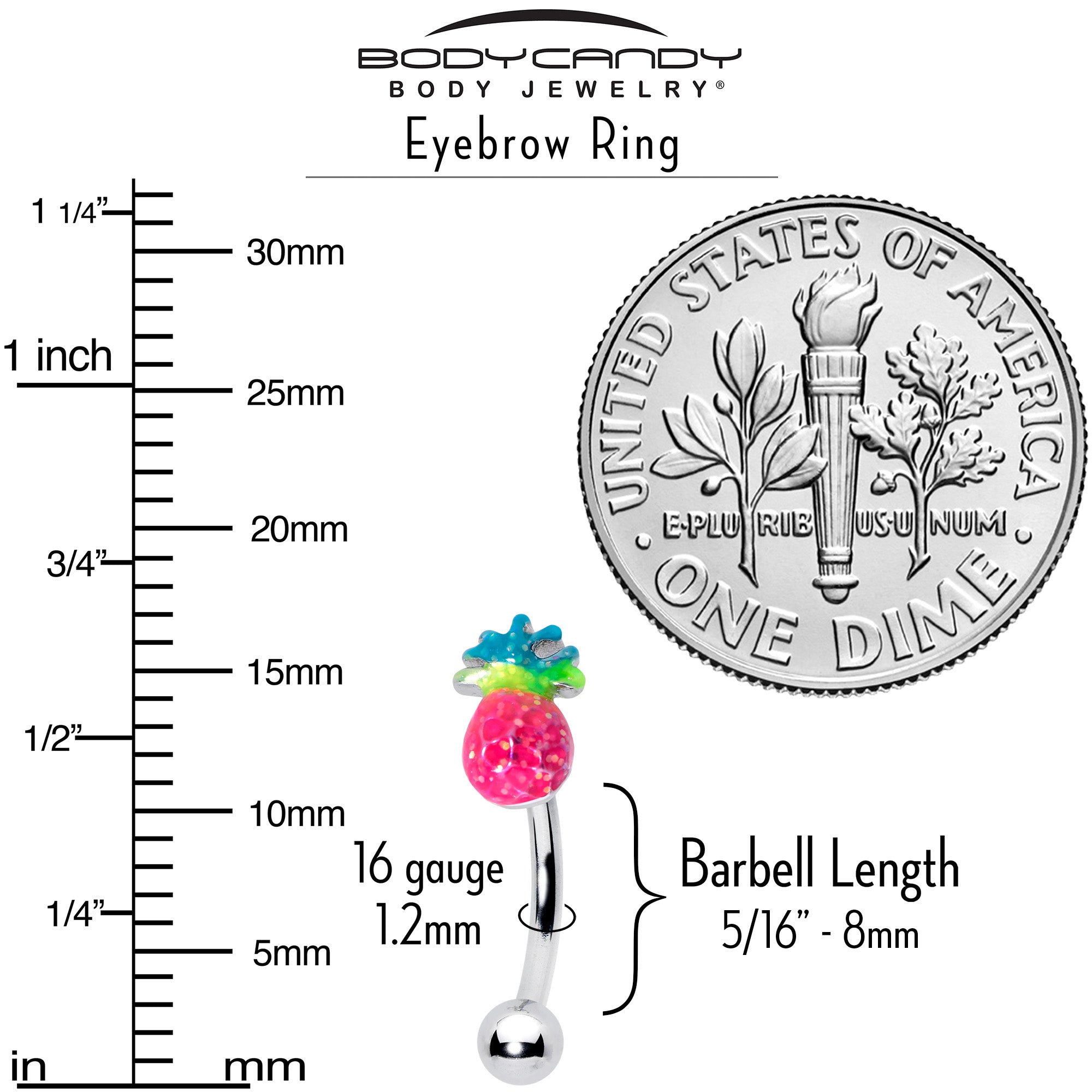 BodyCandy 16G 5/16 Hot Tropical Pineapple Curved Eyebrow Ring — in-use photo