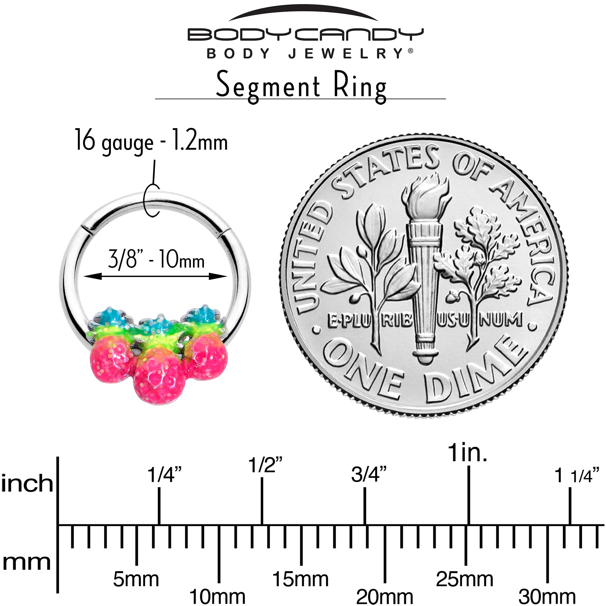 BodyCandy 16G 3/8 Hot Tropical Pineapples Hinged Segment Ring — in-use photo