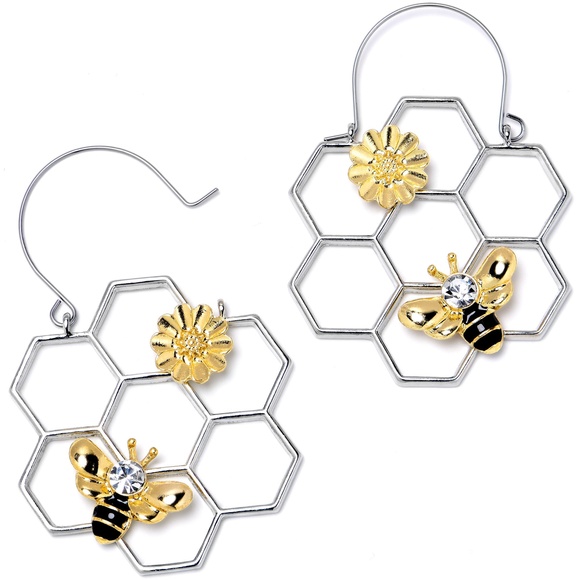 BodyCandy Clear Gem Bee Honeycomb Flower Tunnel Plug Earrings — back view