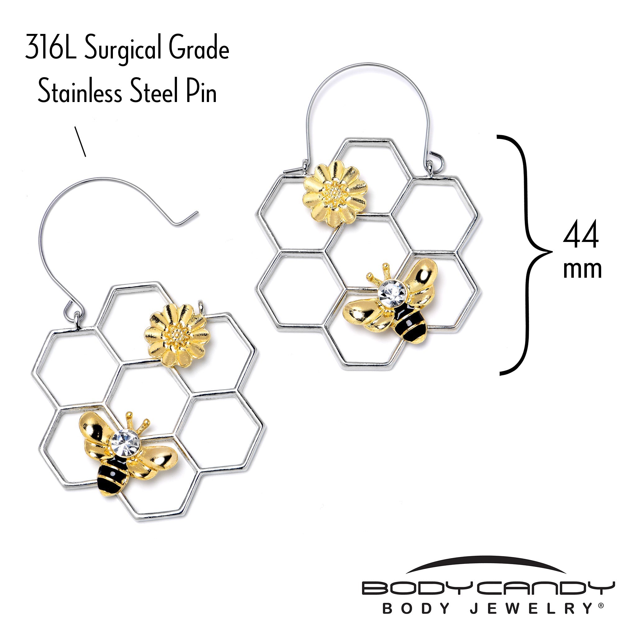 BodyCandy Clear Gem Bee Honeycomb Flower Tunnel Plug Earrings — alternative angle