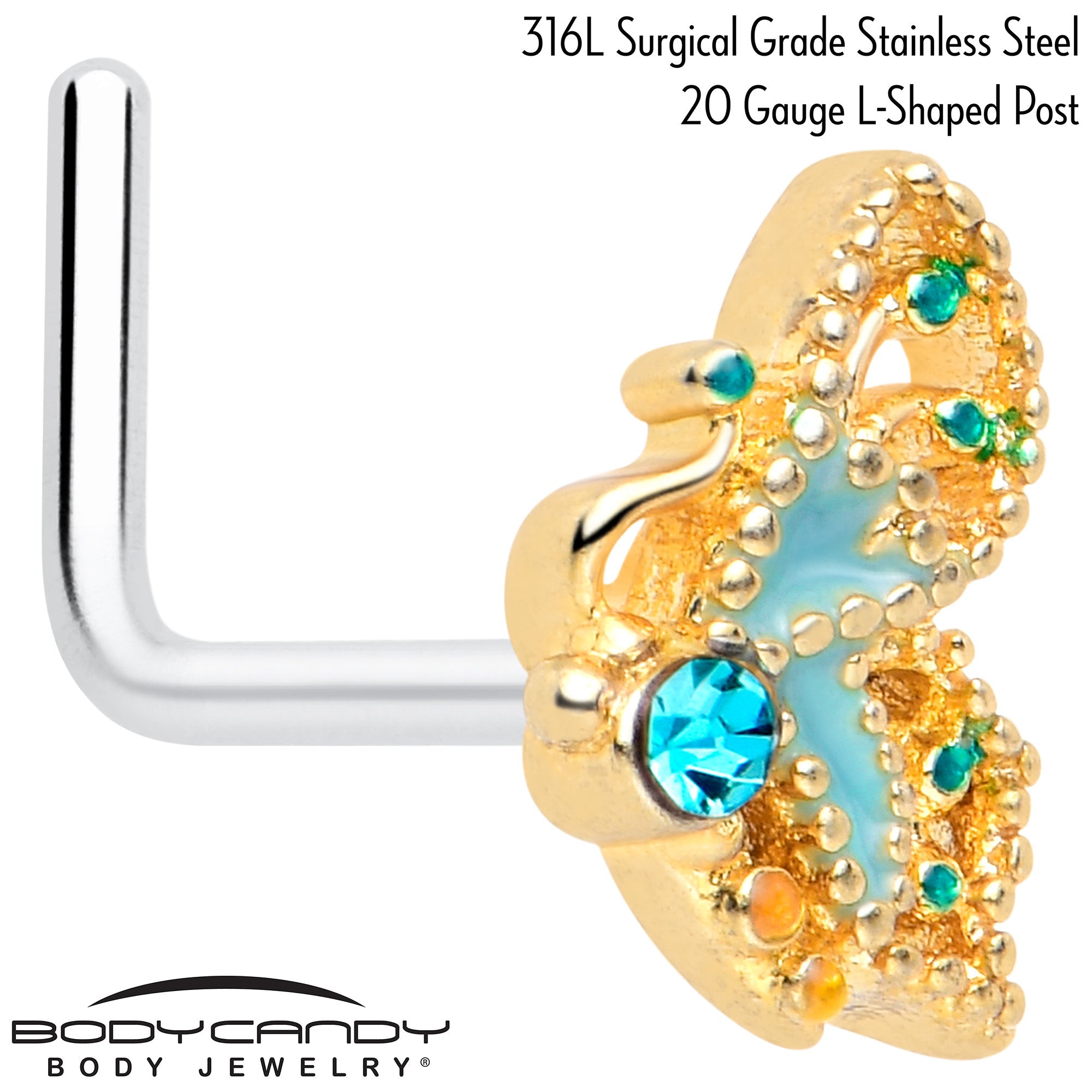 BodyCandy 20G 7mm Blue Gem Ribbon Butterfly L Shape Nose Ring — detail close-up