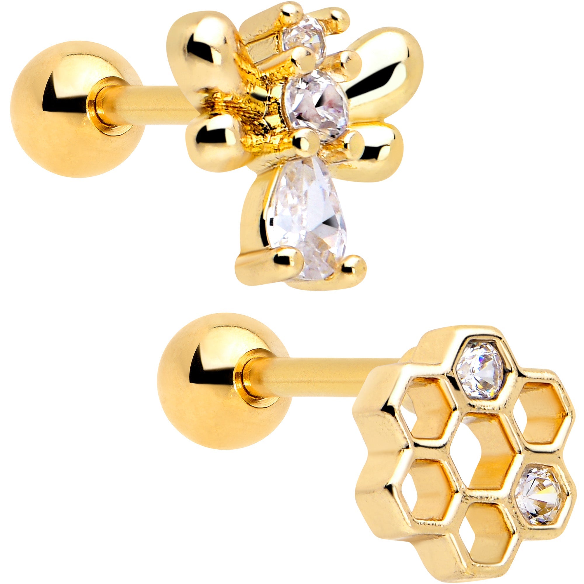 BodyCandy 16G 1/4 Clear CZ Gem Gold Tone Bee Hive Luv Cartilage Earring Set of 2 — main product shot