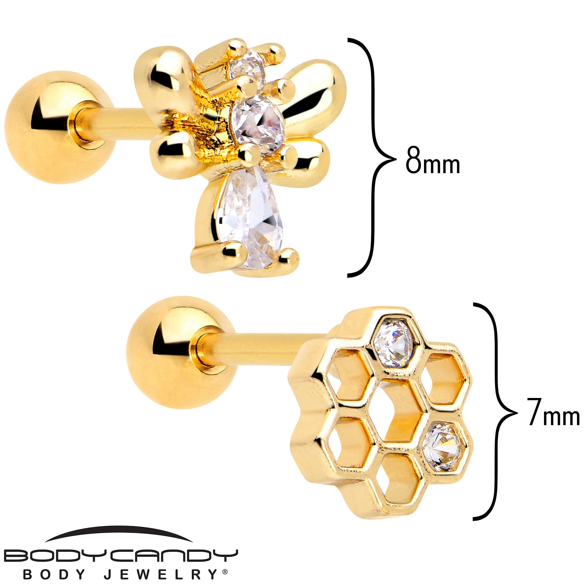 BodyCandy 16G 1/4 Clear CZ Gem Gold Tone Bee Hive Luv Cartilage Earring Set of 2 — detail close-up