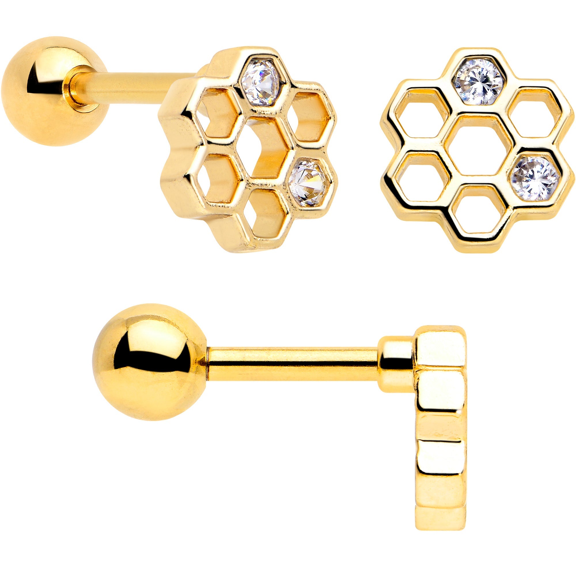BodyCandy 16G 1/4 Clear CZ Gem Gold Tone Bee Hive Luv Cartilage Earring Set of 2 — side view