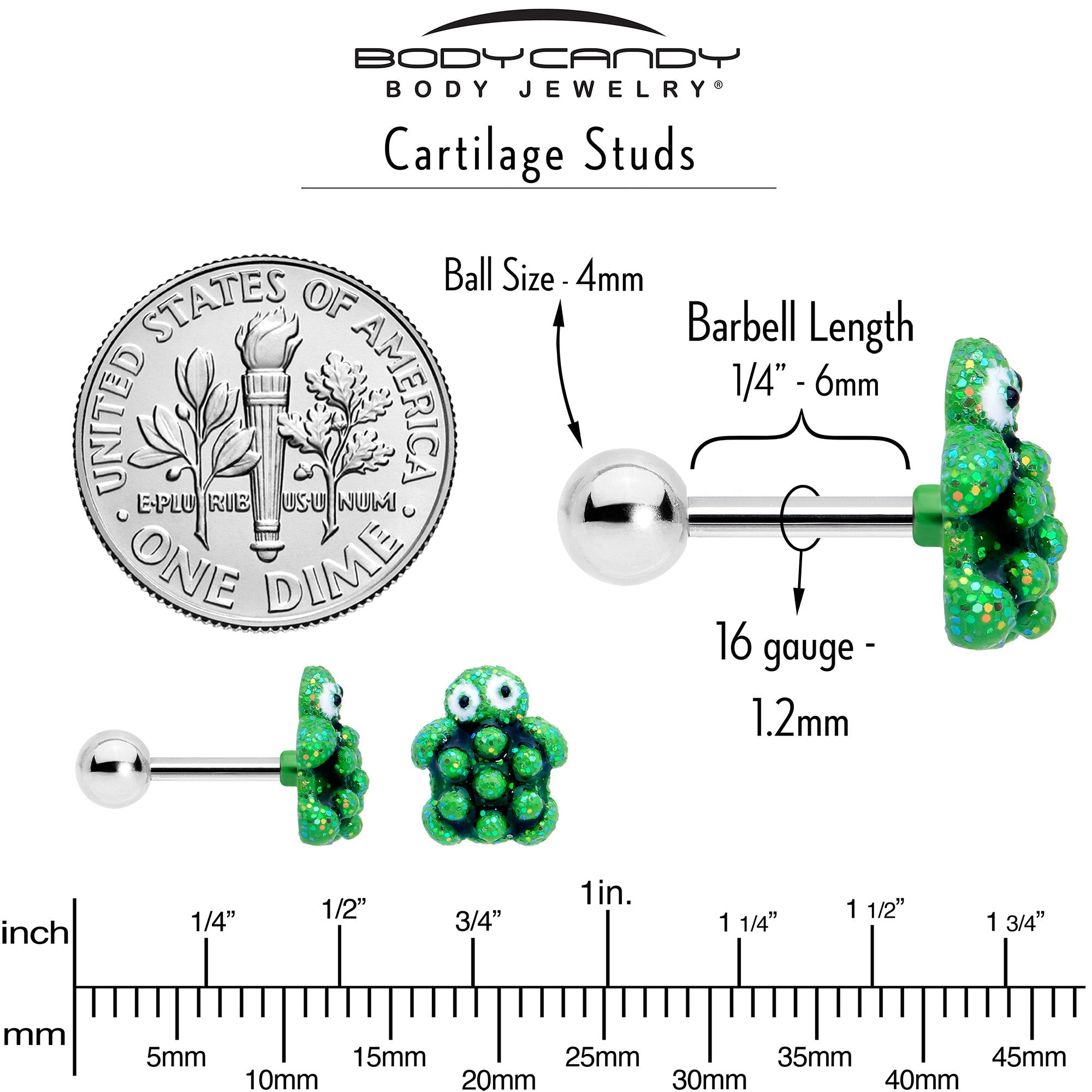 BodyCandy 16G 1/4 Texture Turtle Cartilage Tragus Earring — back view