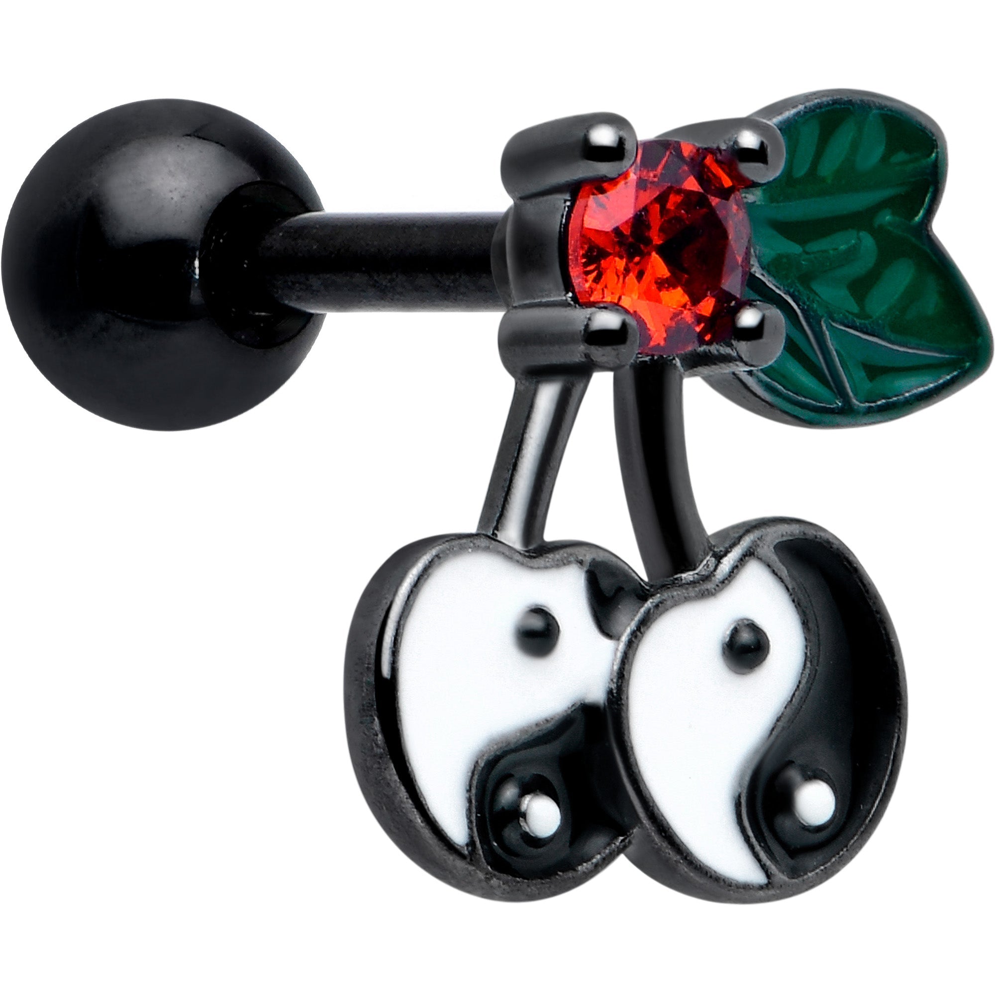 BodyCandy 16G 1/4 Red CZ Gem Black Yin Yang Cherry Cartilage Tragus Earring — main product shot
