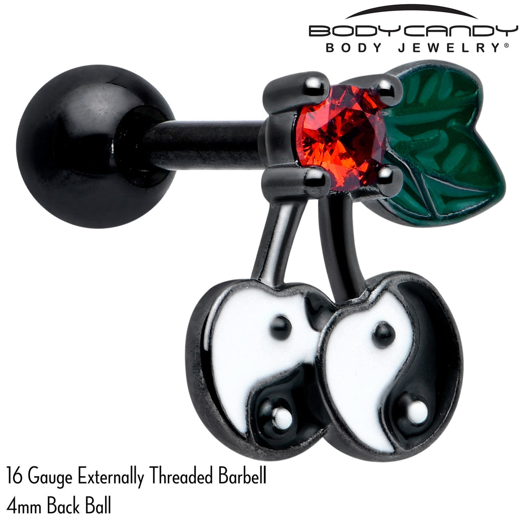 BodyCandy 16G 1/4 Red CZ Gem Black Yin Yang Cherry Cartilage Tragus Earring — detail close-up