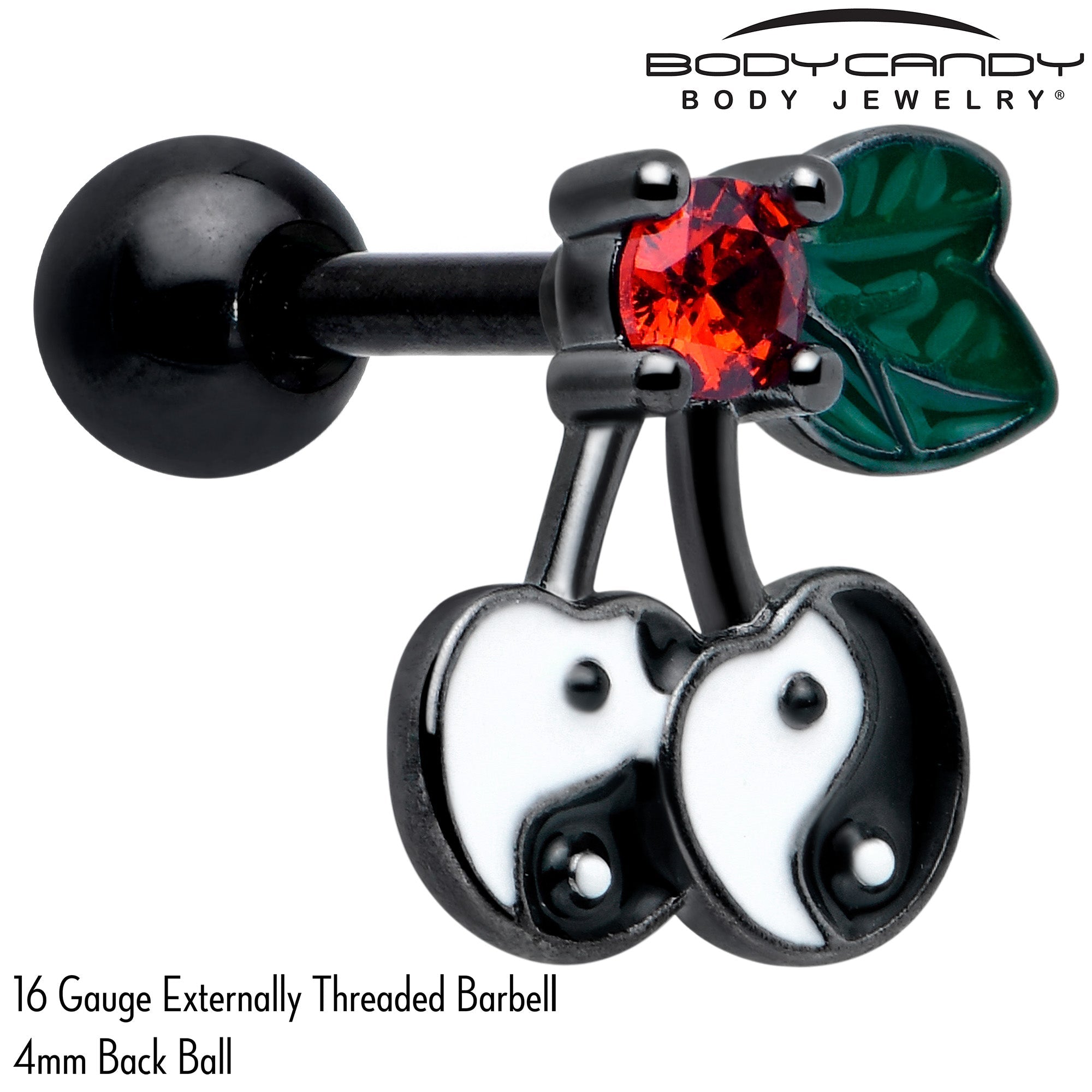 BodyCandy 16G 1/4 Red CZ Gem Black Yin Yang Cherry Cartilage Tragus Earring — detail close-up