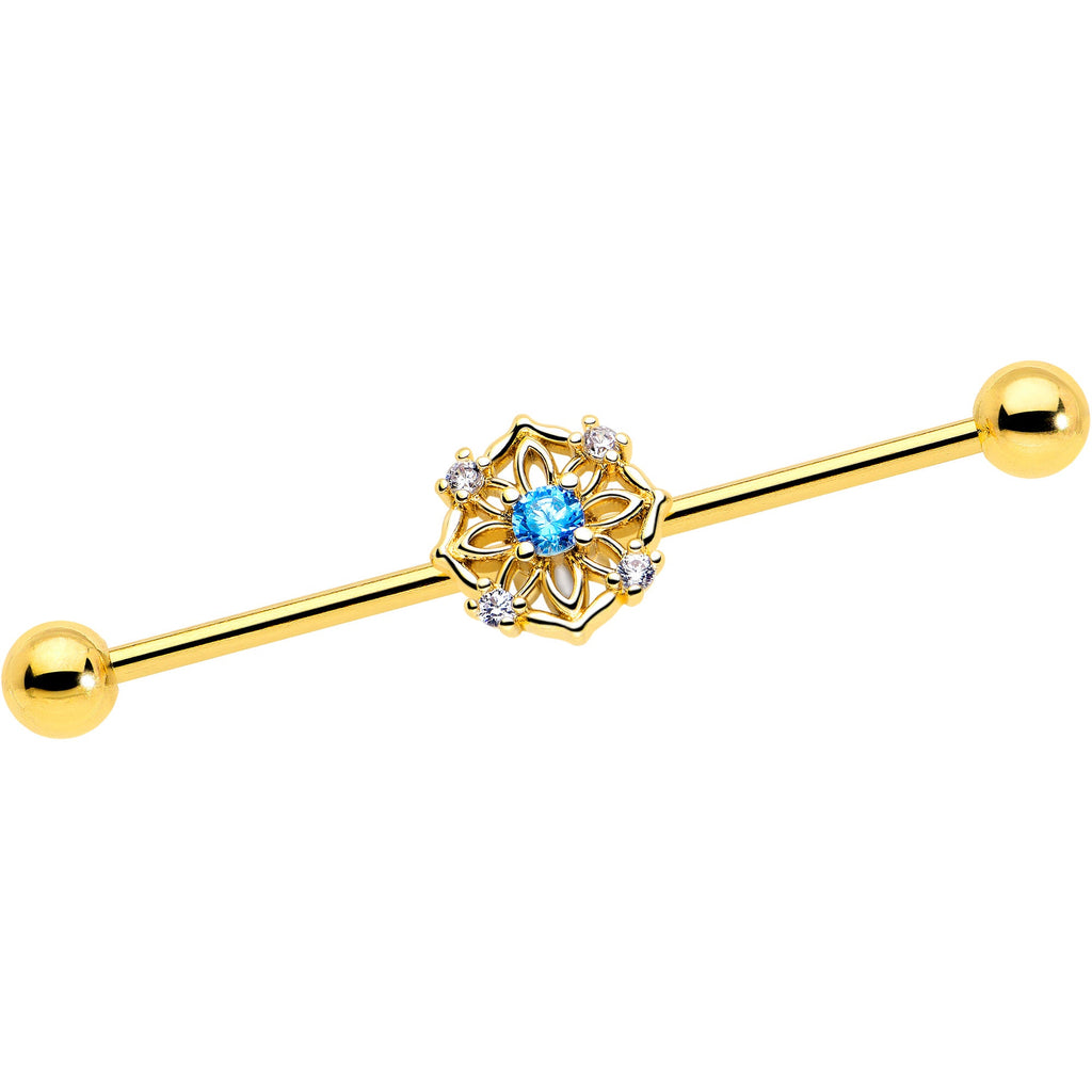 BodyCandy 14G Blue CZ Gem Gold Tone Flower Ring Industrial Barbell 38mm — main product shot