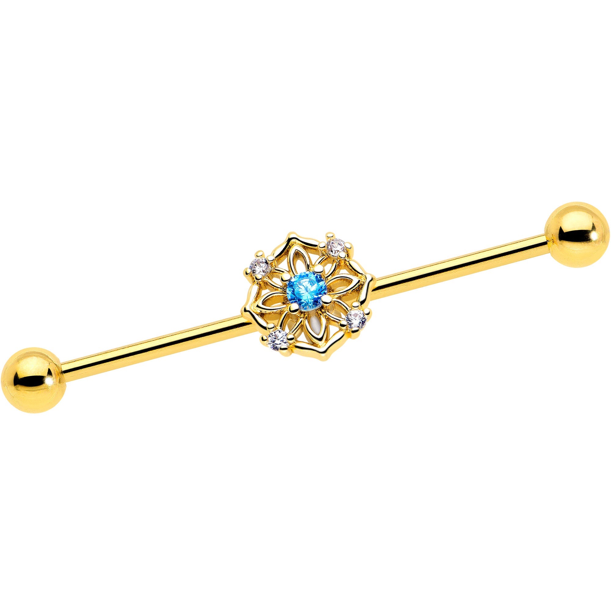 BodyCandy 14G Blue CZ Gem Gold Tone Flower Ring Industrial Barbell 38mm — main product shot