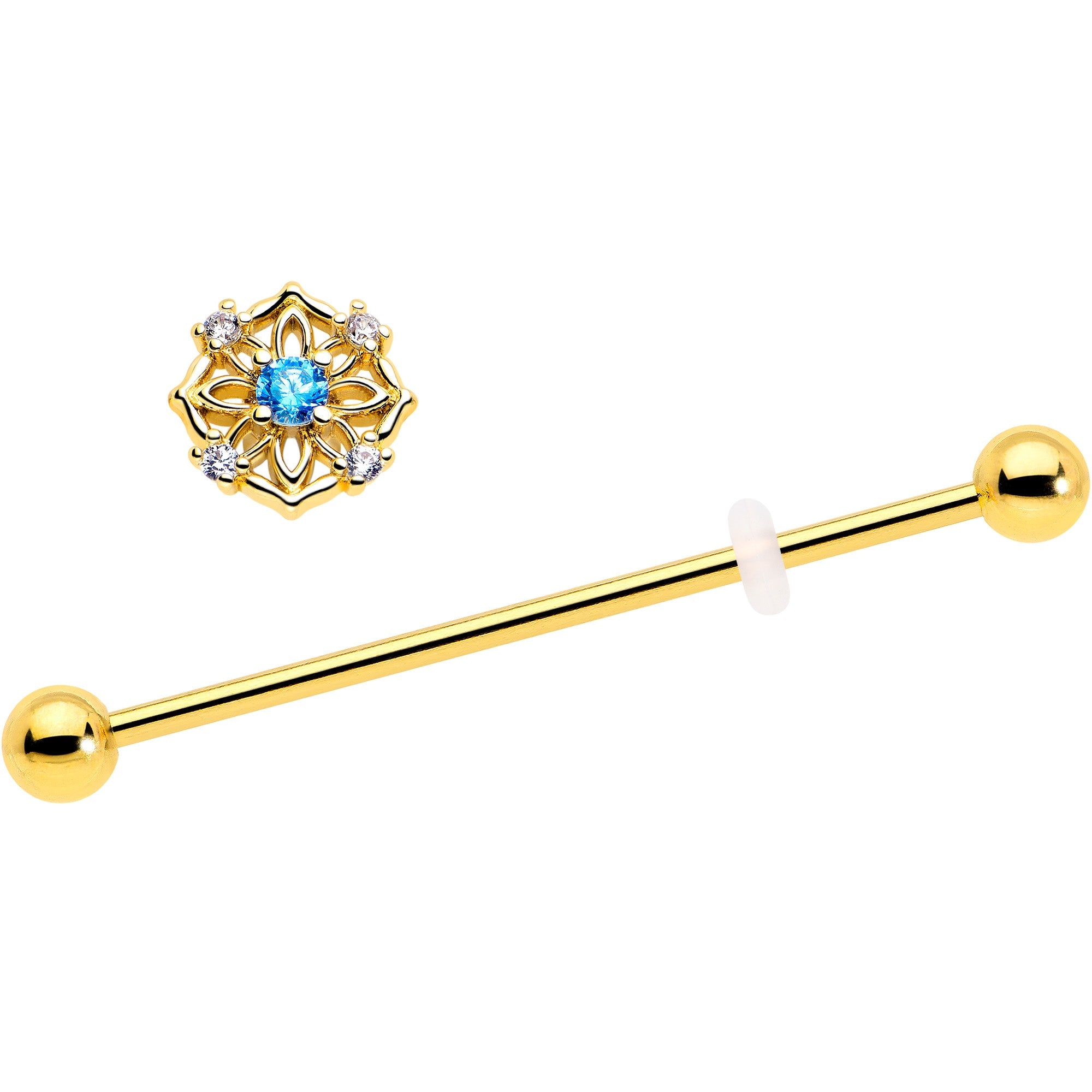 BodyCandy 14G Blue CZ Gem Gold Tone Flower Ring Industrial Barbell 38mm — detail close-up