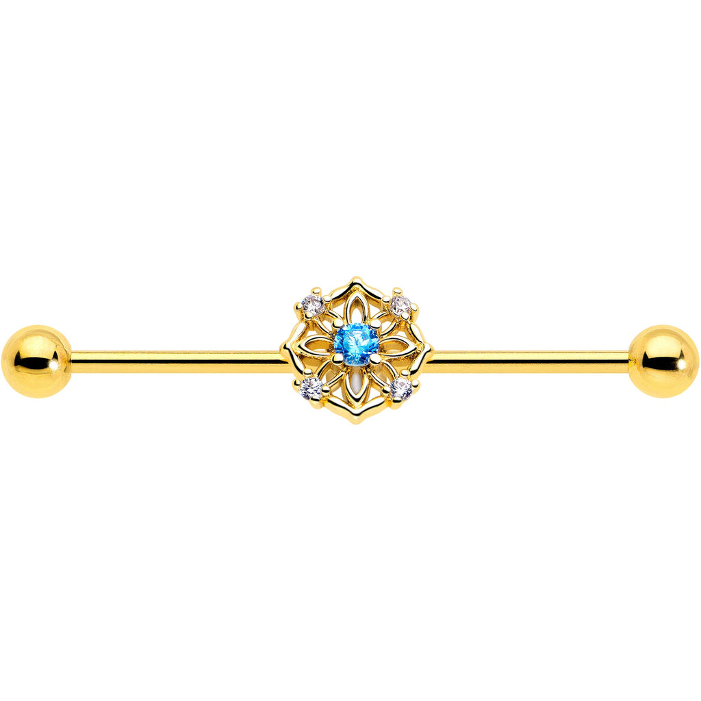 BodyCandy 14G Blue CZ Gem Gold Tone Flower Ring Industrial Barbell 38mm — lifestyle context