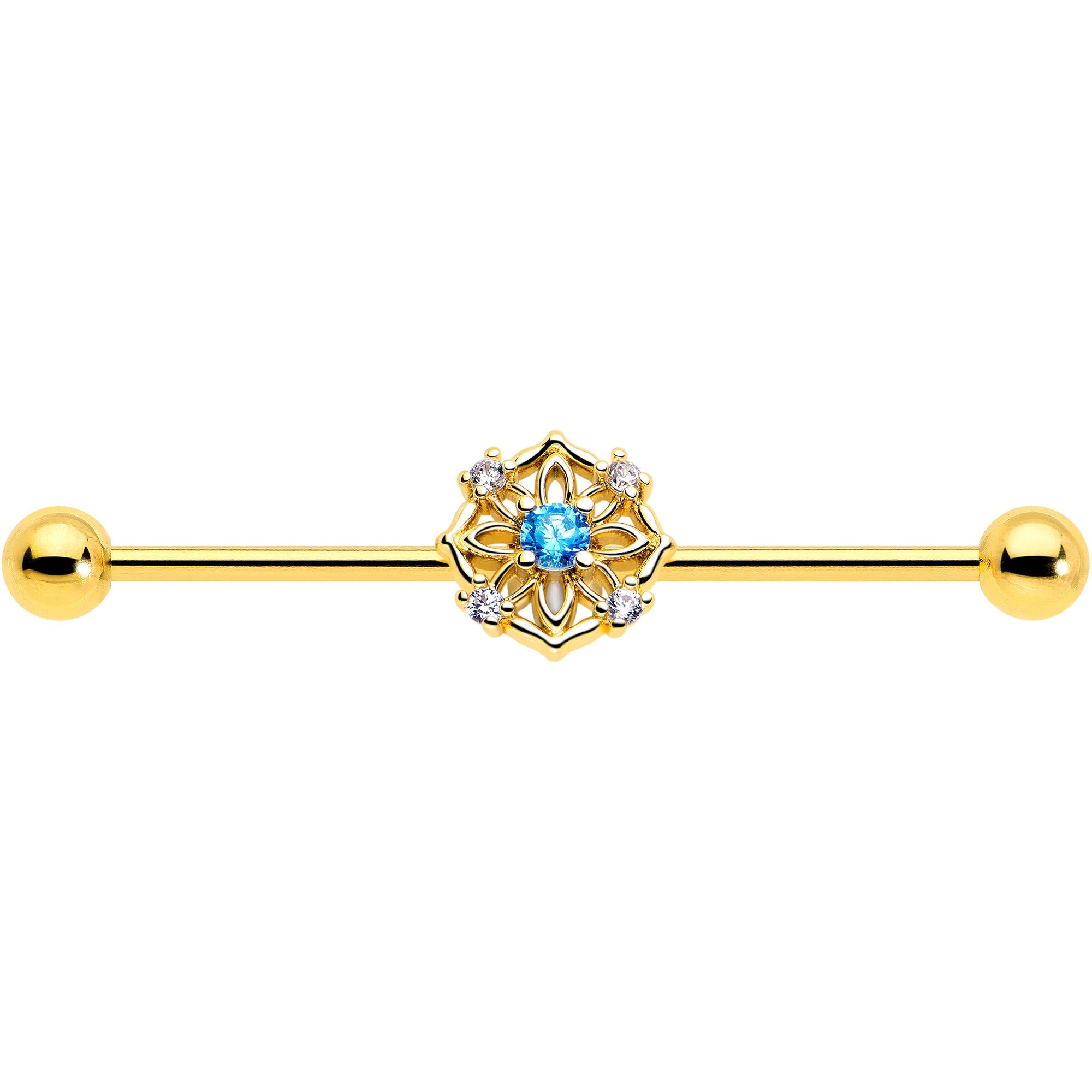 BodyCandy 14G Blue CZ Gem Gold Tone Flower Ring Industrial Barbell 38mm — lifestyle context
